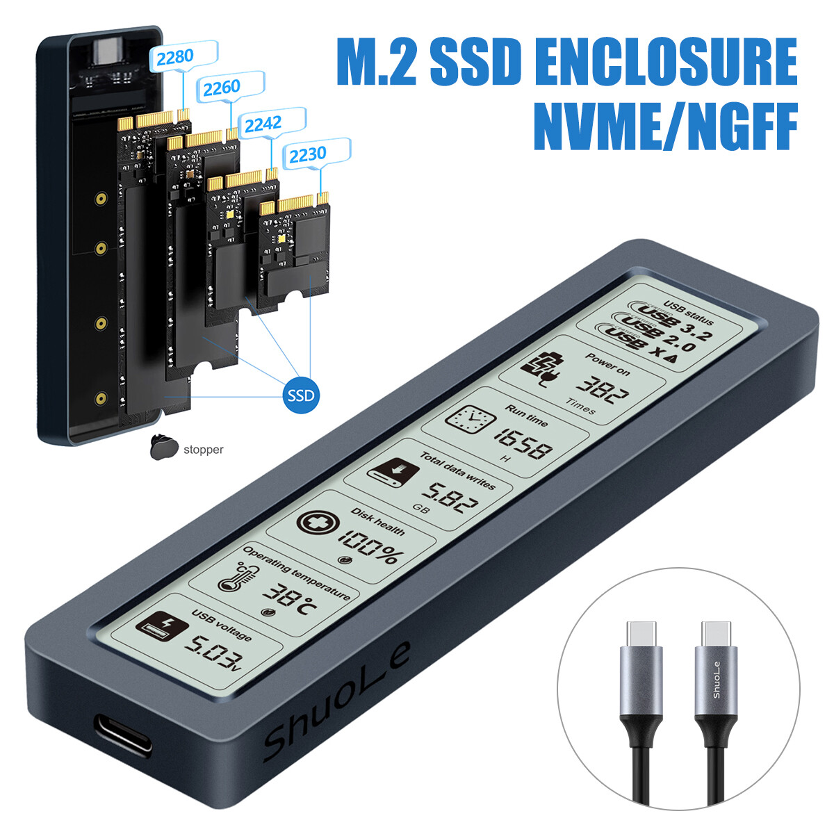 NEW M.2 NVMe NGFF SSD to USB Type-C Enclosure Case Converter Adapter B&M + M Key