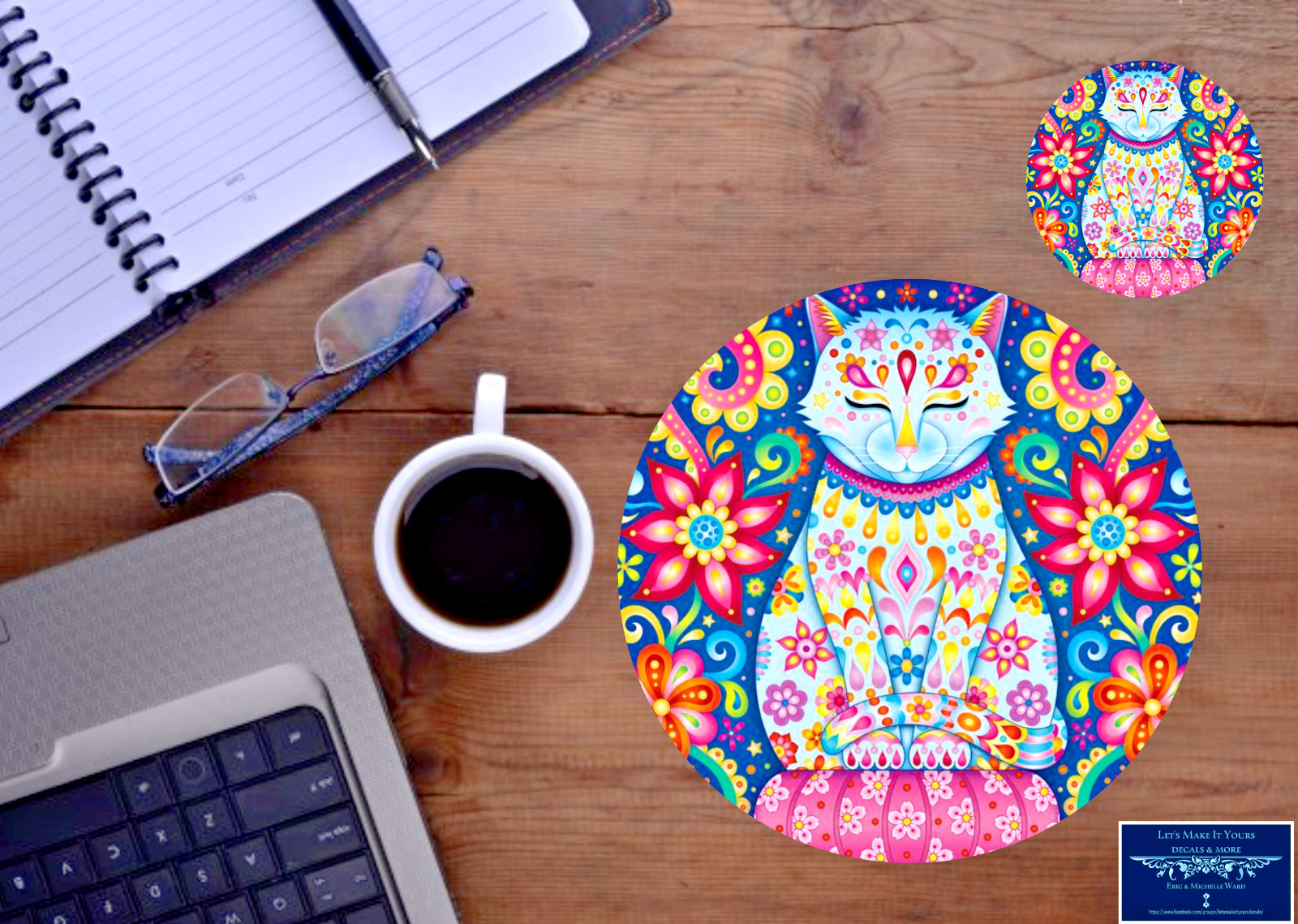 KITTY CAT COLORFUL FLORAL SUGAR SKULL ART MOUSE PAD & DRINK COASTER 2pc GIFT SET