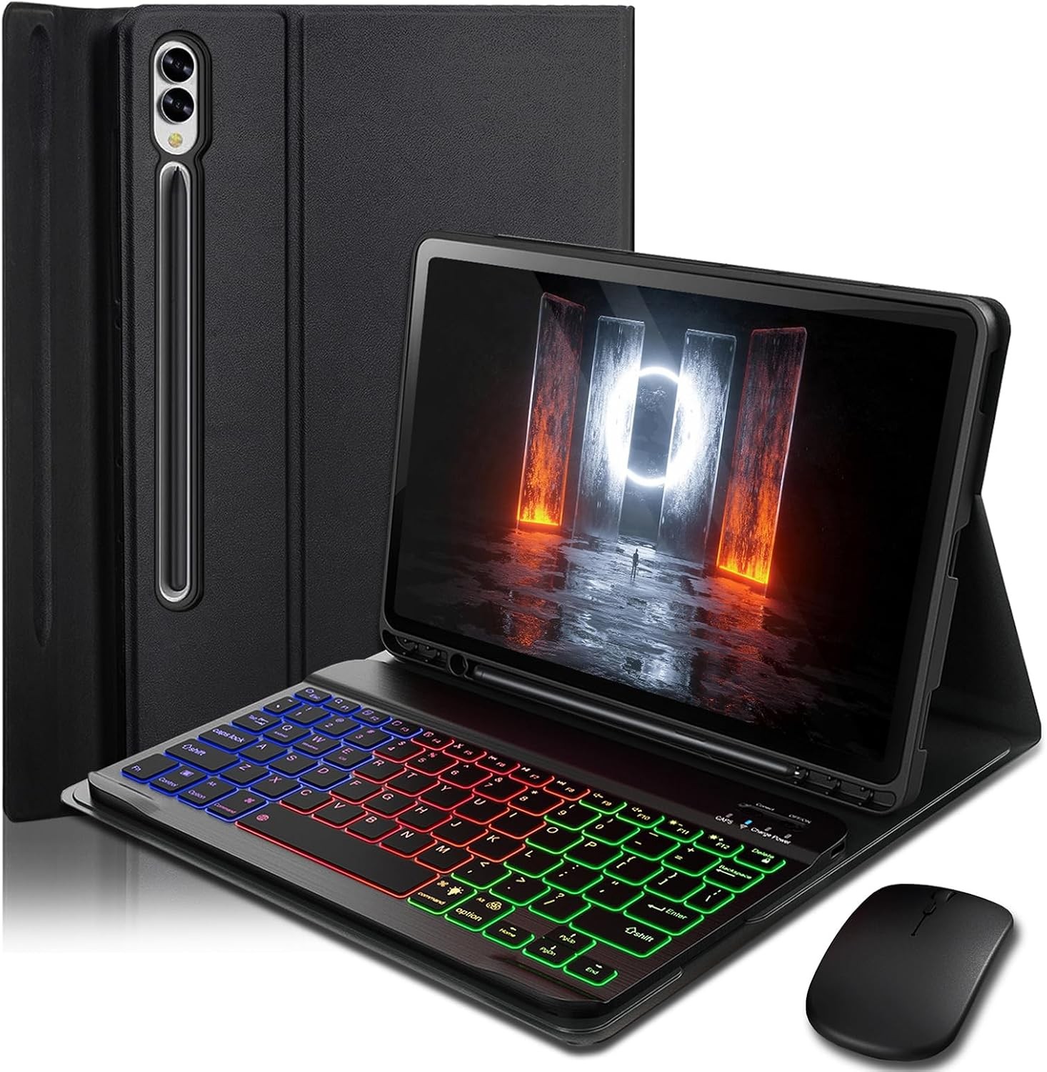 Samsung Galaxy Tab S10+ 12.4 inch Case - Black Keyboard with Rainbow Backlight &