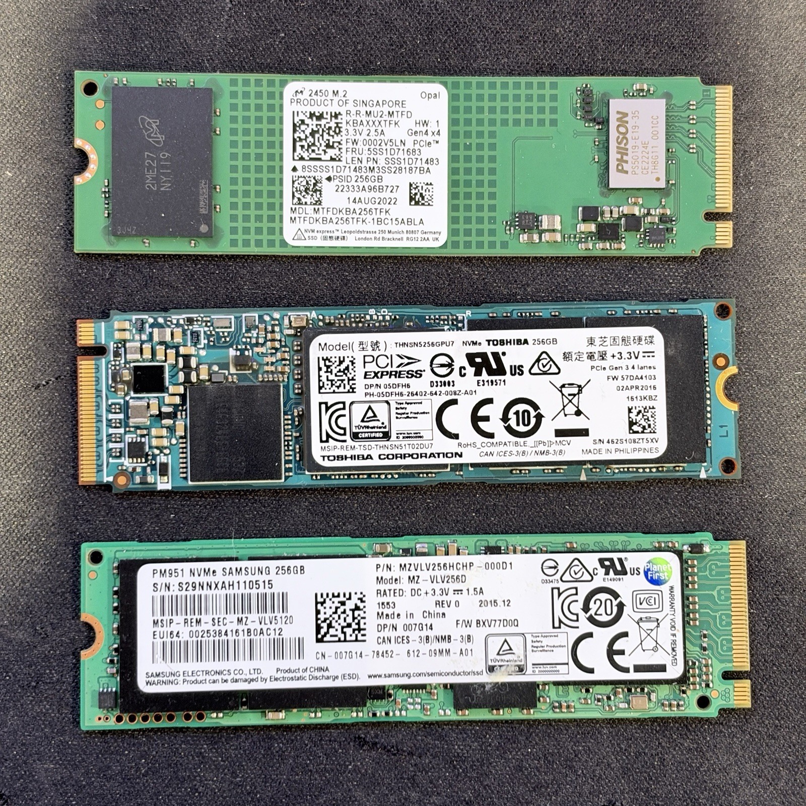 (3) 256GB M.2 NVME PCIE SSDs Samsung PM951 Toshiba Micron
