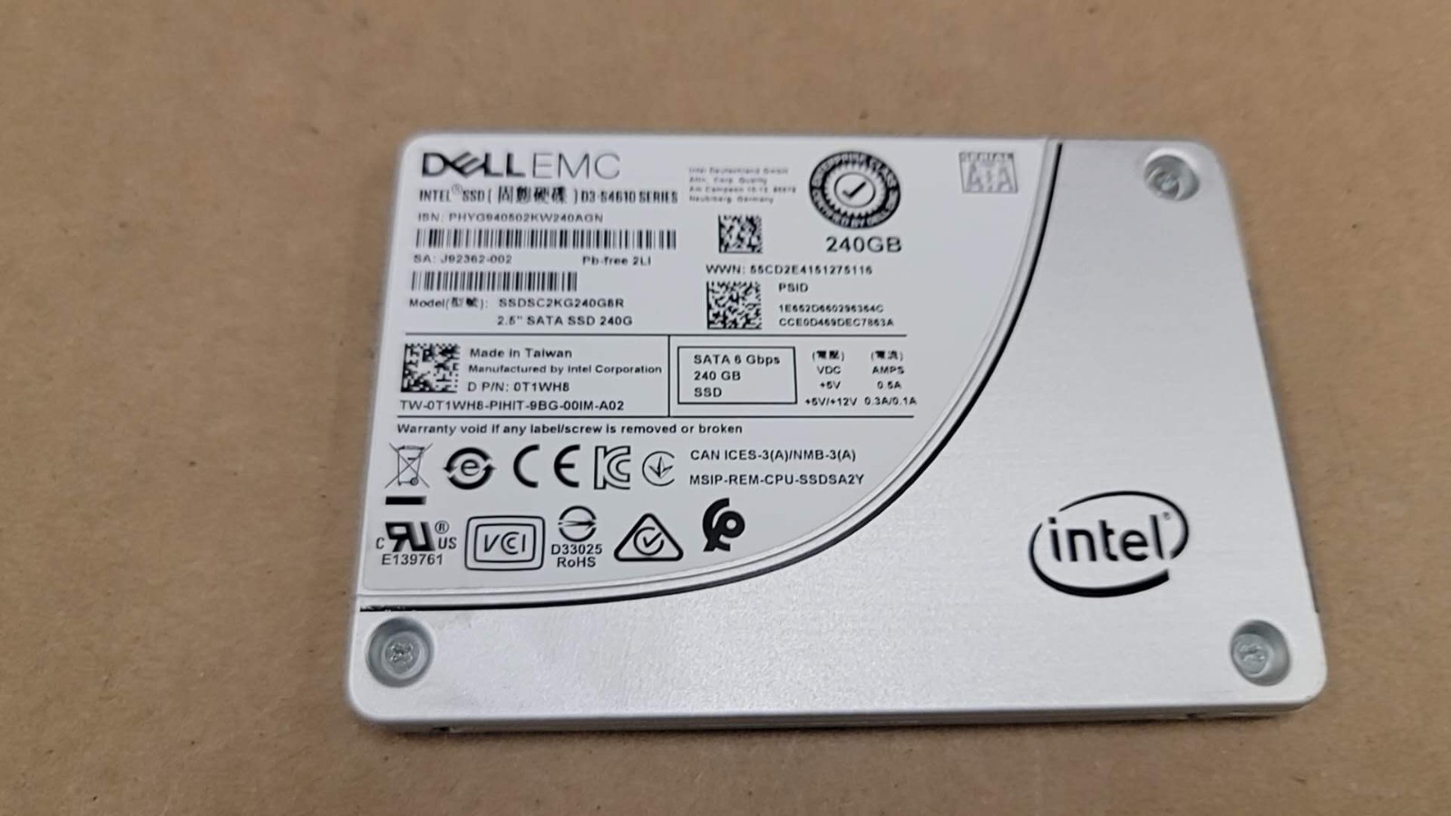 Dell T1WH8 SSDSC2KG240G8R D3-S4610 Series 240GB 2.5" 6Gb/s SATA SSD 98% Health