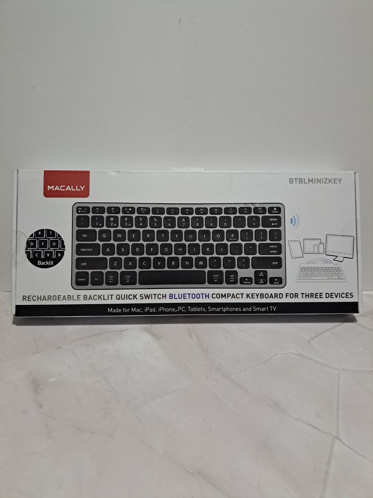 Macally Rechargeable Bluetooth Compact Keyboard Quick Switch Between 3 Devices