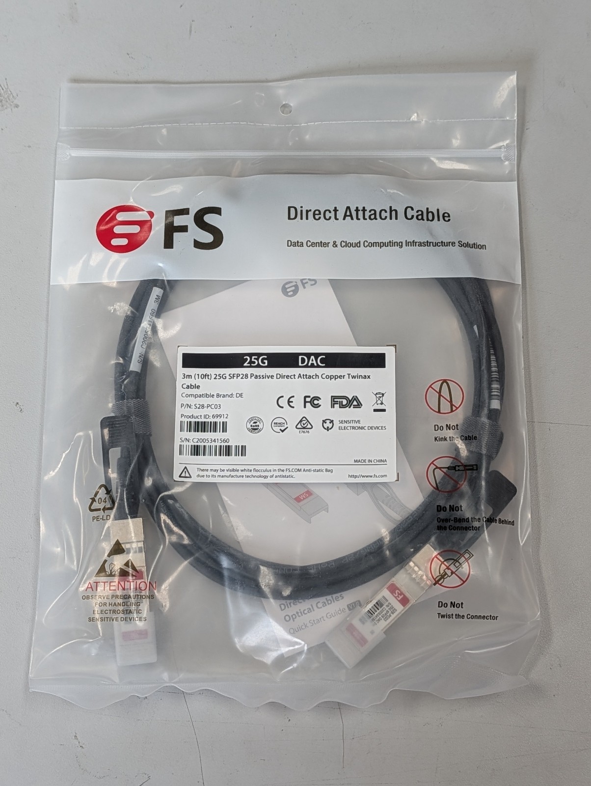FS 25G SFP28 Passive DAC Twinax Cable 3m New Sealed - **Lot of 20**