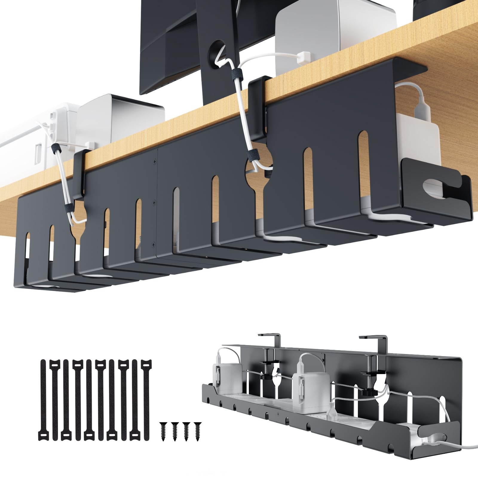 KEEGH Under Desk Cable Management Tray 32 in, Metal Cable Holder, Black | Ope...