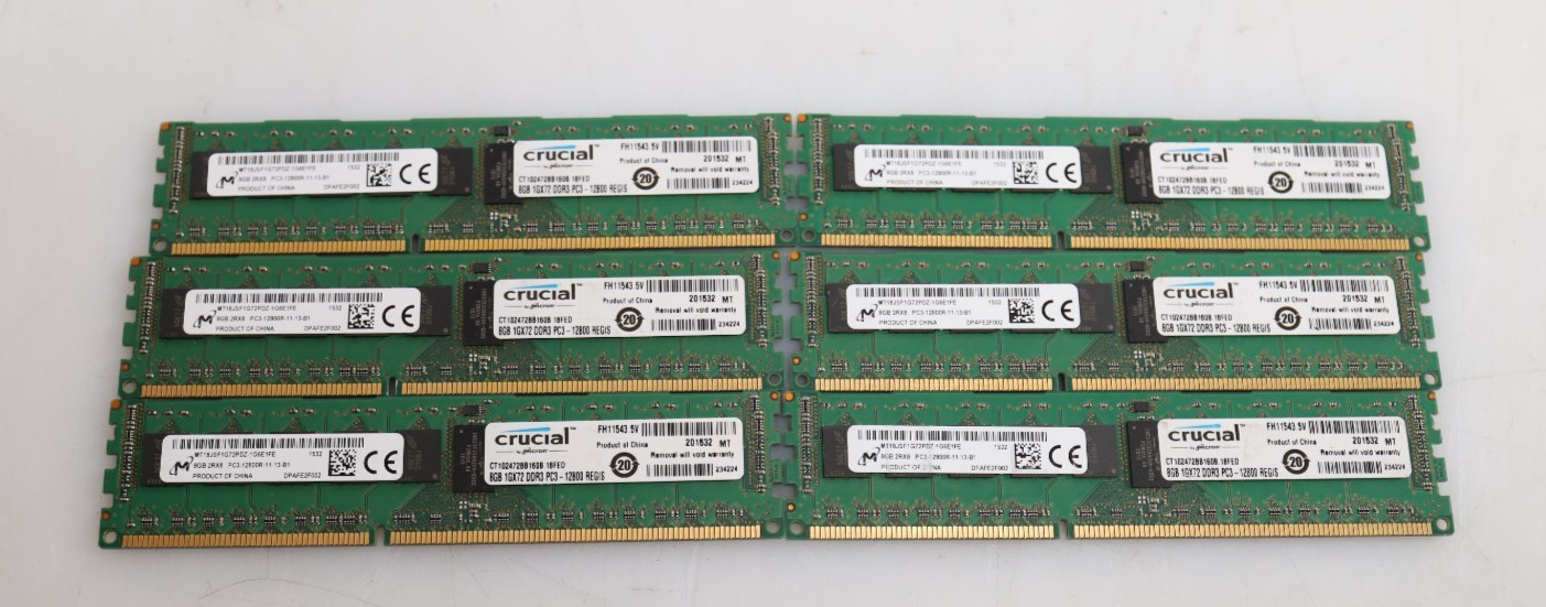 Lot 6x 8GB (48GB) Micron MT18JSF1G72PDZ-1G6E1FE PC3-12800R Server Memory