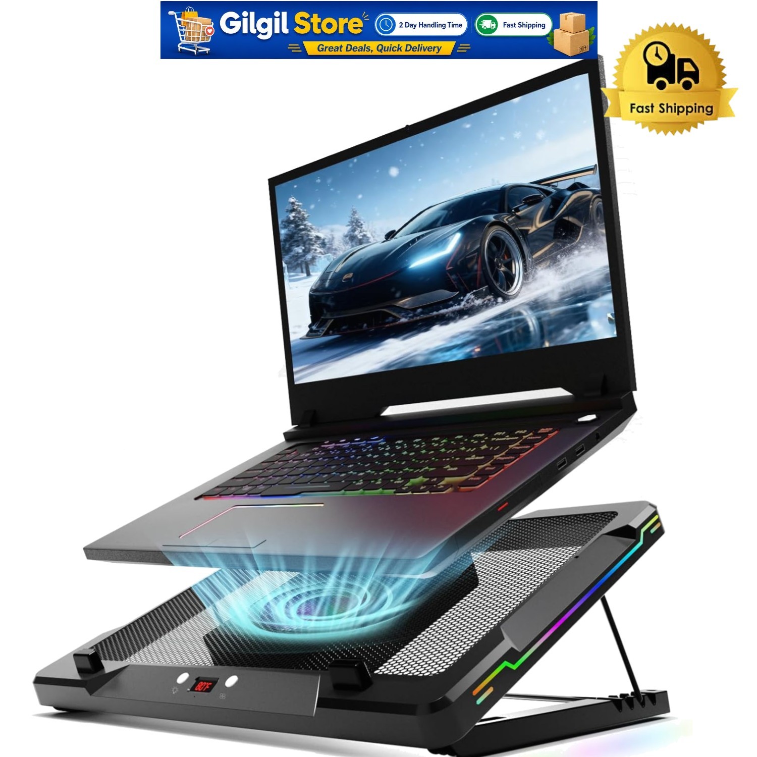 Movable RGB Laptop Cooler with 5.5" Fan - Ultimate Cooling for 14-17.3" Laptops