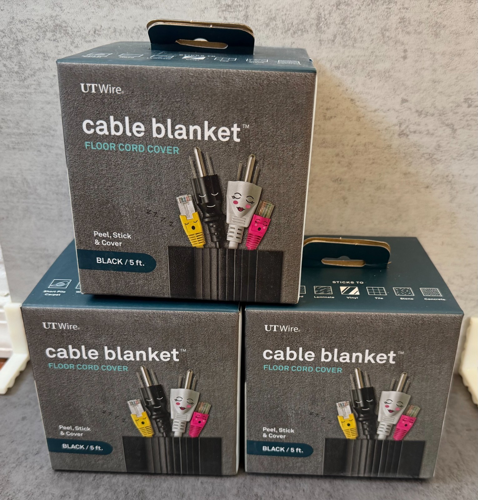 Lot of 3 - 5 ft. Cable Blanket Low Profile Cord Cover and Protector in Black