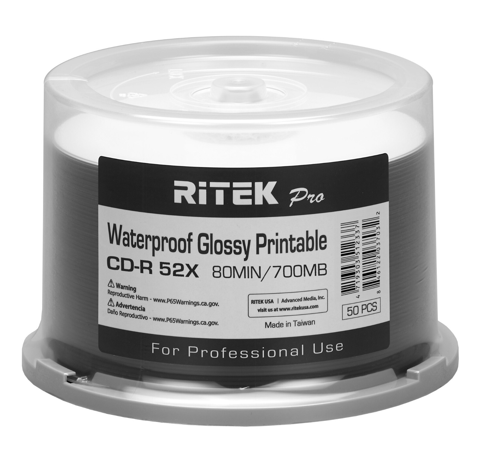 600 Ritek Pro CD-R 52X 700MB Water Resistant Glossy White Inkjet Printable Disc