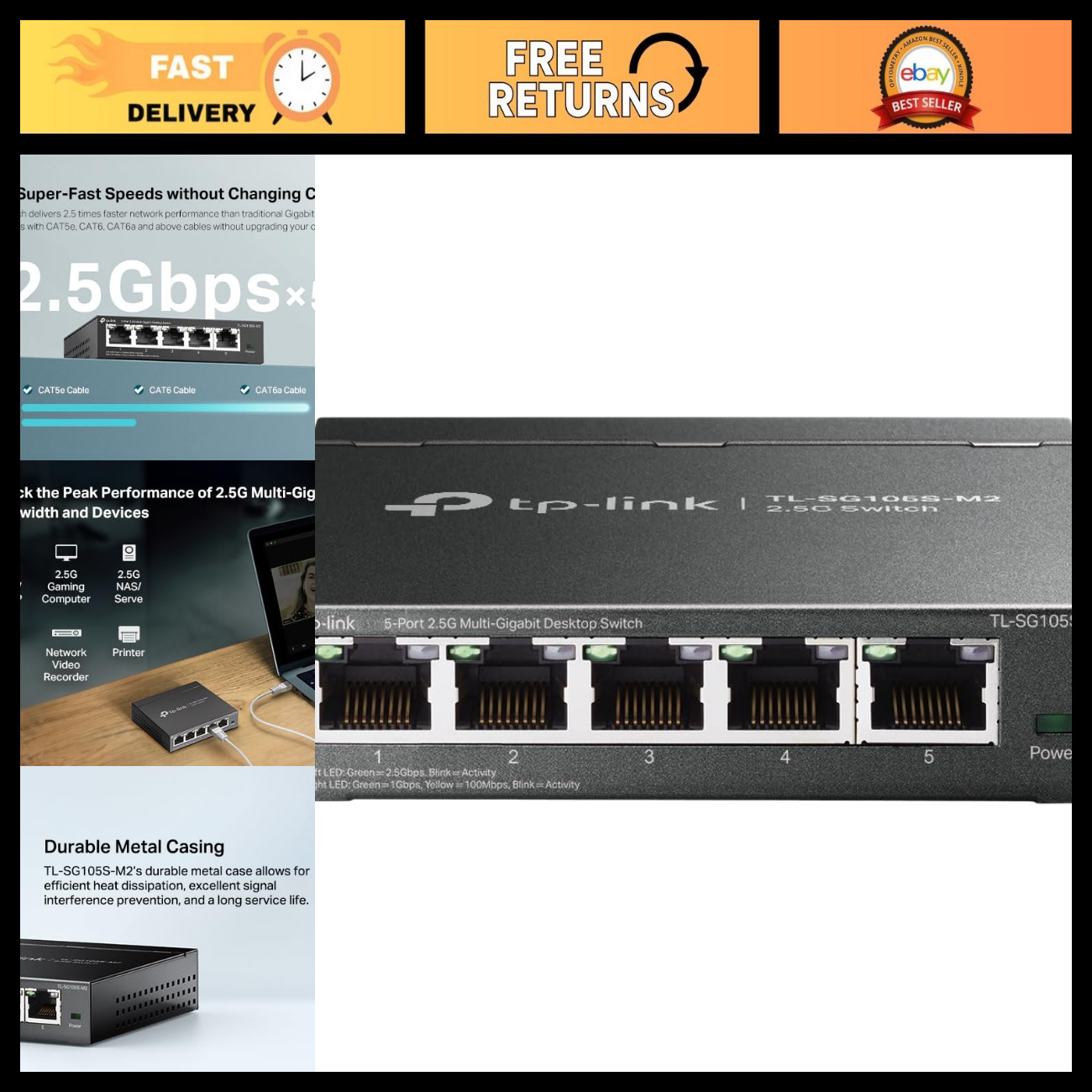 5-Port Multi-Gigabit 2.5G Unmanaged Ethernet Switch, High-Speed Network Hub