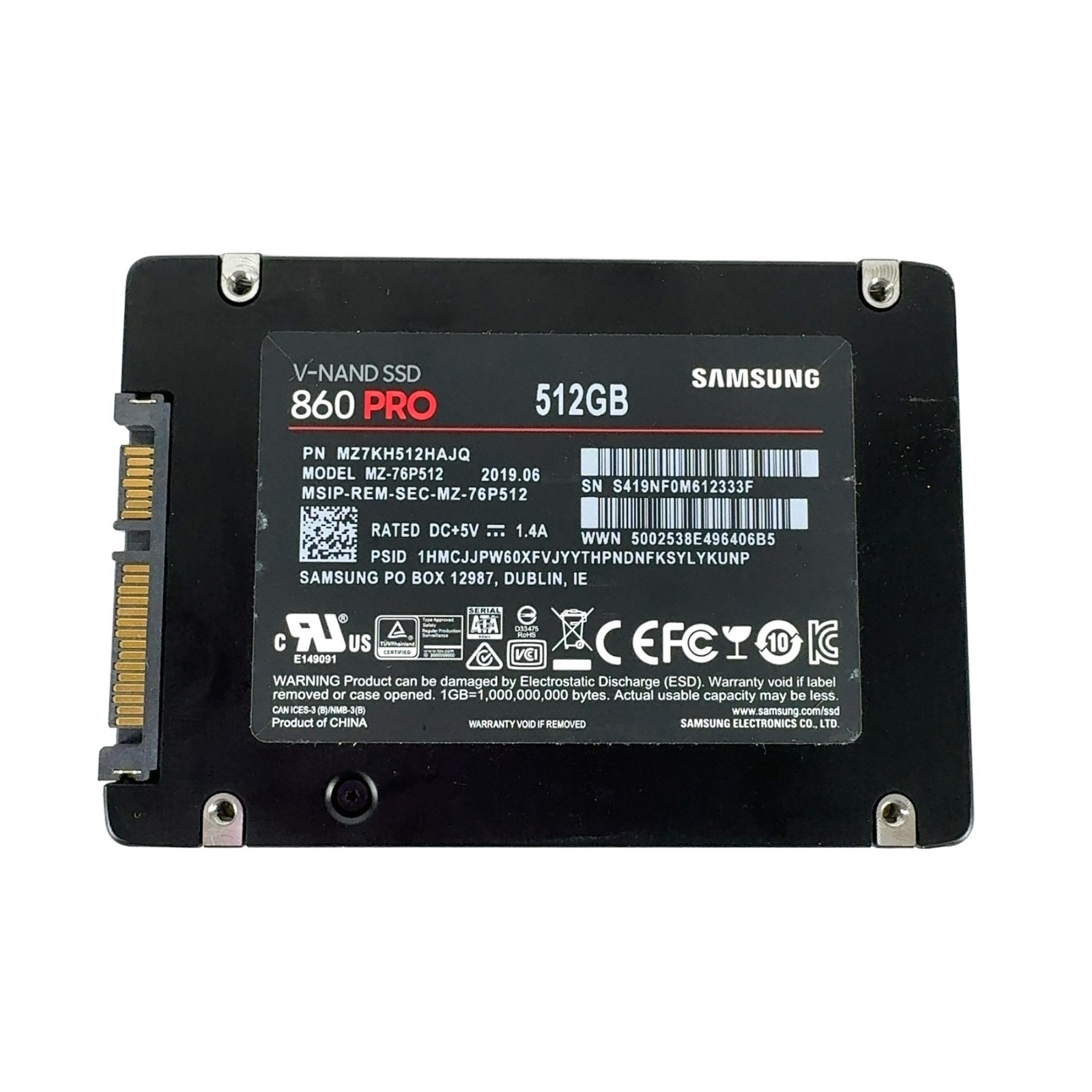 Samsung V-NAND SSD 860 PRO 512GB, Model MZ-76P512 MZ7KH512HAJQ SSD 2.5"