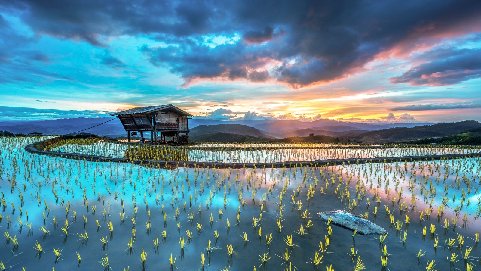Landscape rice fields mountains hut sunset terrace Custom Gaming Mat Desk