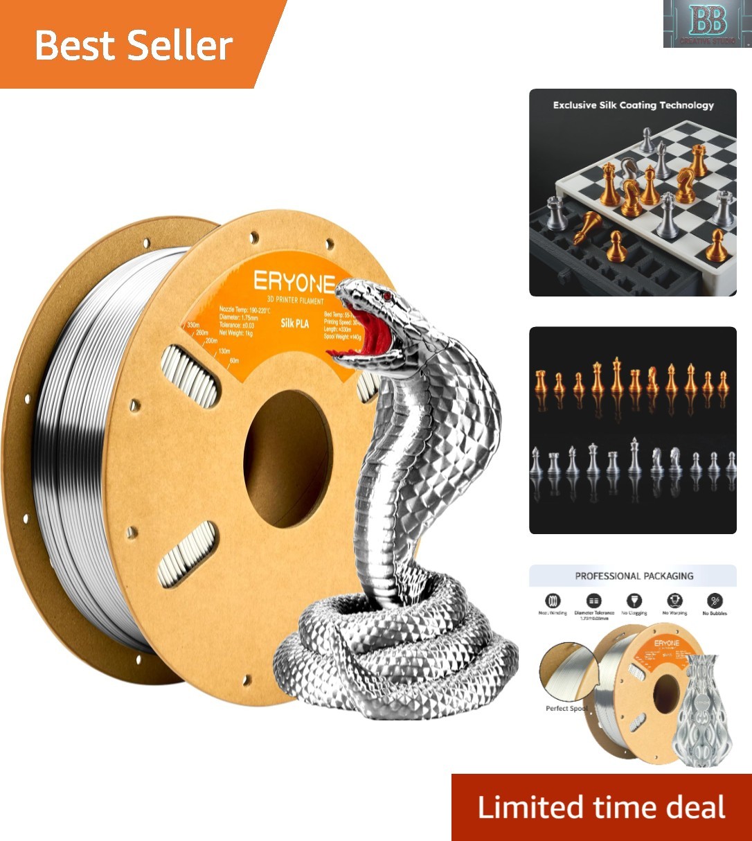 Silk Silver Filament for 3D Printers - 1.75mm, 1kg Spool, Strong Layer Adhesion