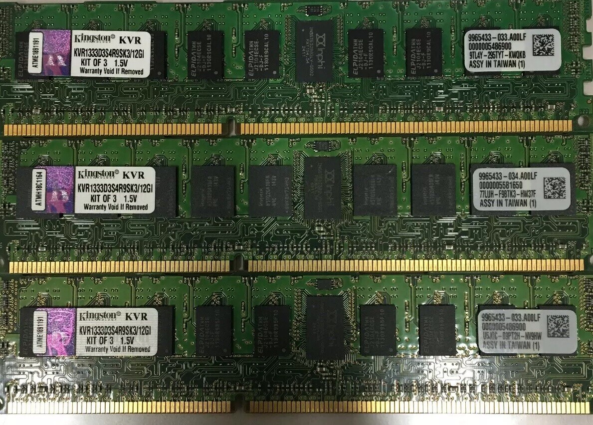 Lot of 1 Kingston 12GB Kit of (3x4GB) DDR3-1333MHz  KVR1333D3S4R9SK3/12GI Memory
