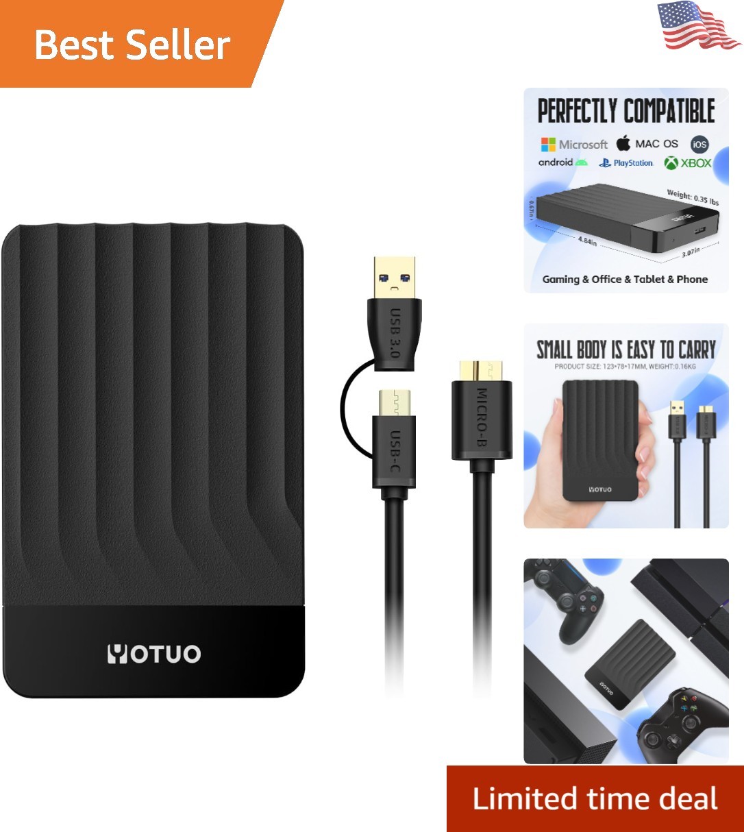 Compact 750GB External Hard Drive - USB 3.0 & USB-C for Ultimate Versatility