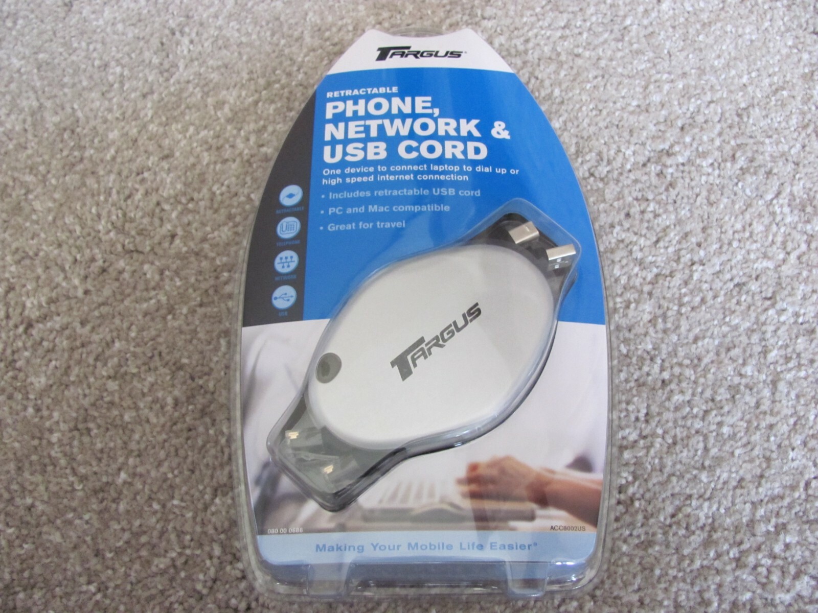 Brand New Targus Retractable Phone, Network & USB Cord ACC8002US
