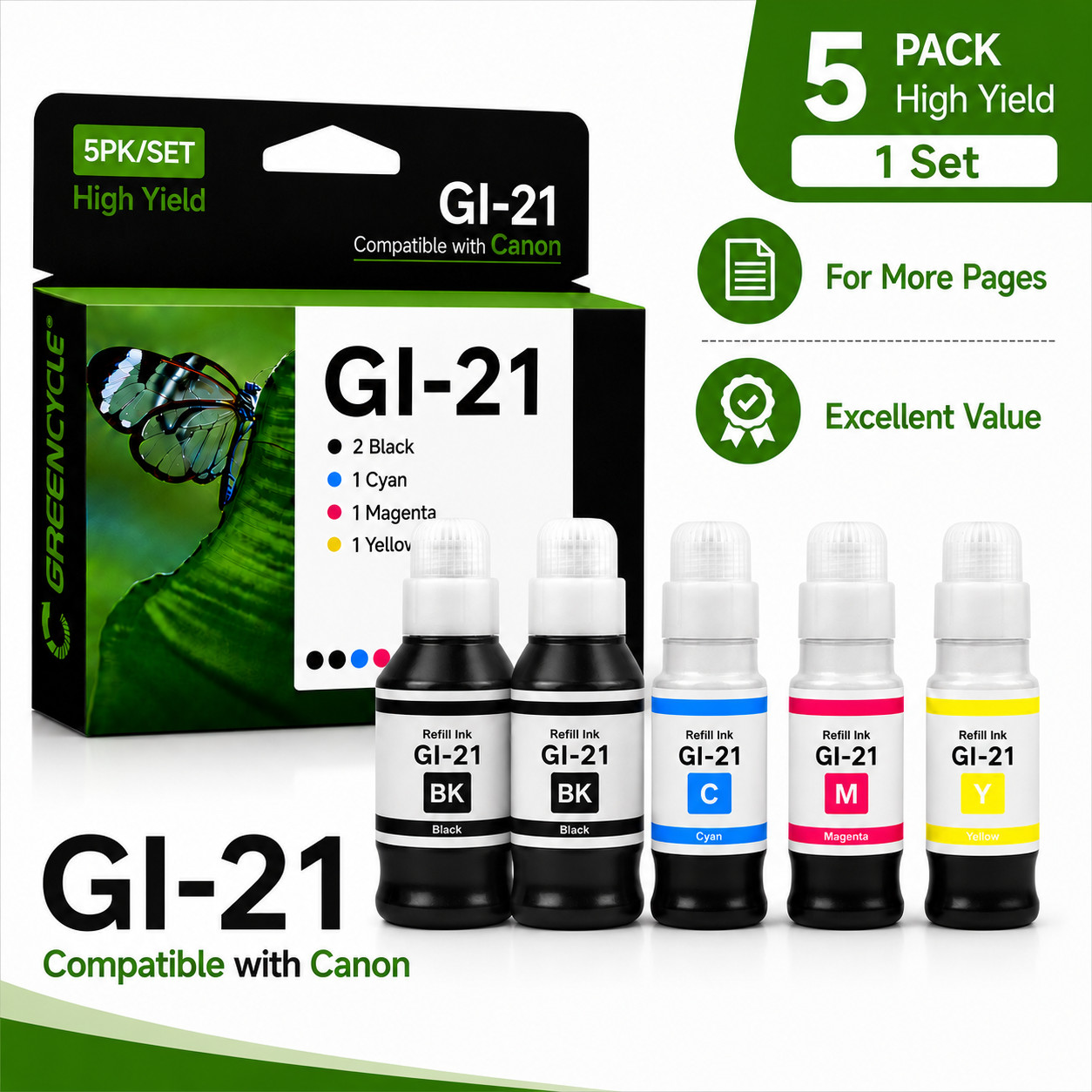 5 Pack GI21 Printer Ink Bottles for Canon PIXMA G3260 G3270 G3272