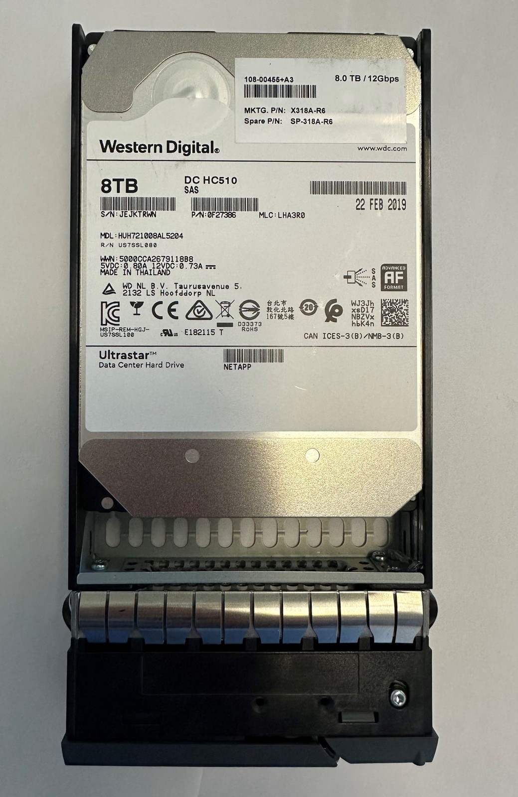 0F27386 - Netapp 8TB 7200 RPM SAS 3.5" HDD for DS4246 24 bay enclosure, DS212...