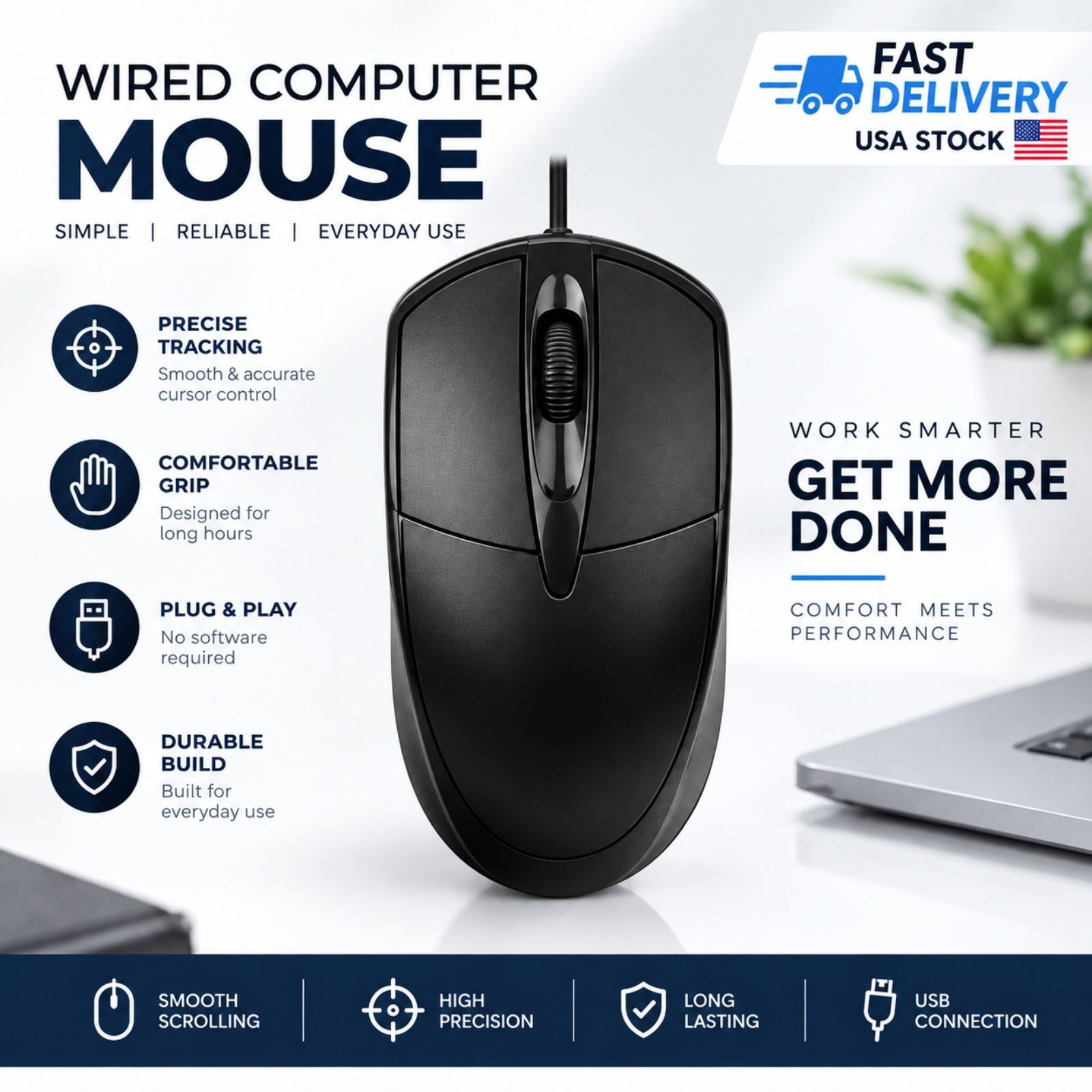 USB 2.0 Optical Wired Scroll Wheel Mouse PC Laptop Notebook Desktop Black Mice