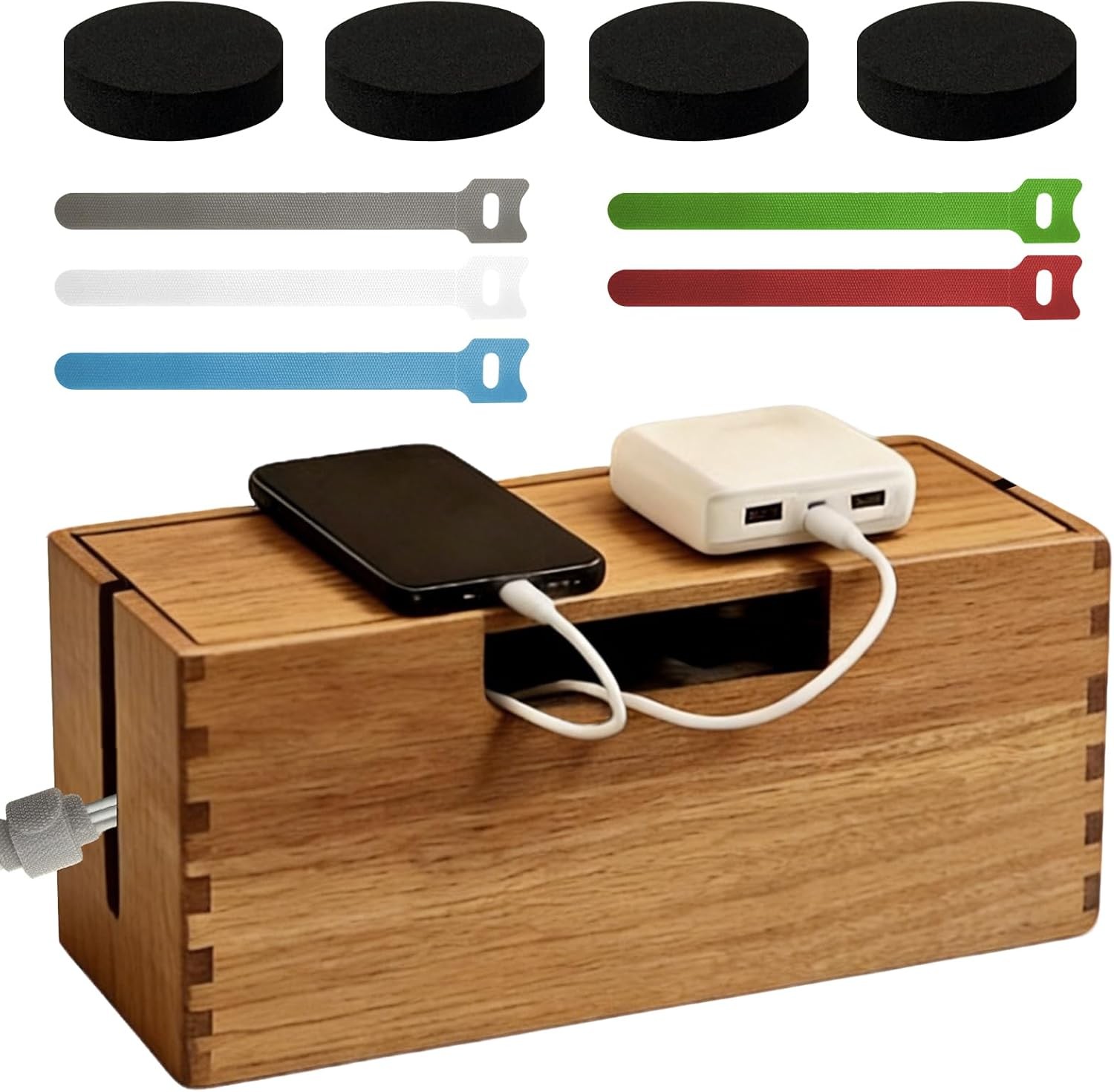 Cable Management Box Acacia Wood Cord Organizer Hider 12" Power Strip Desk TV
