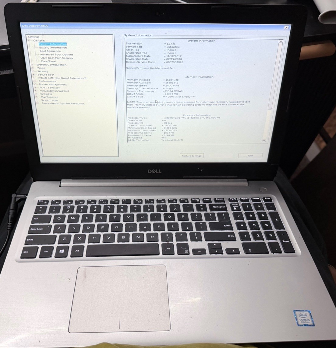 Dell Inspiron 5570 15.6 inch | Core i5-8250U | NO RAM | NO SSD