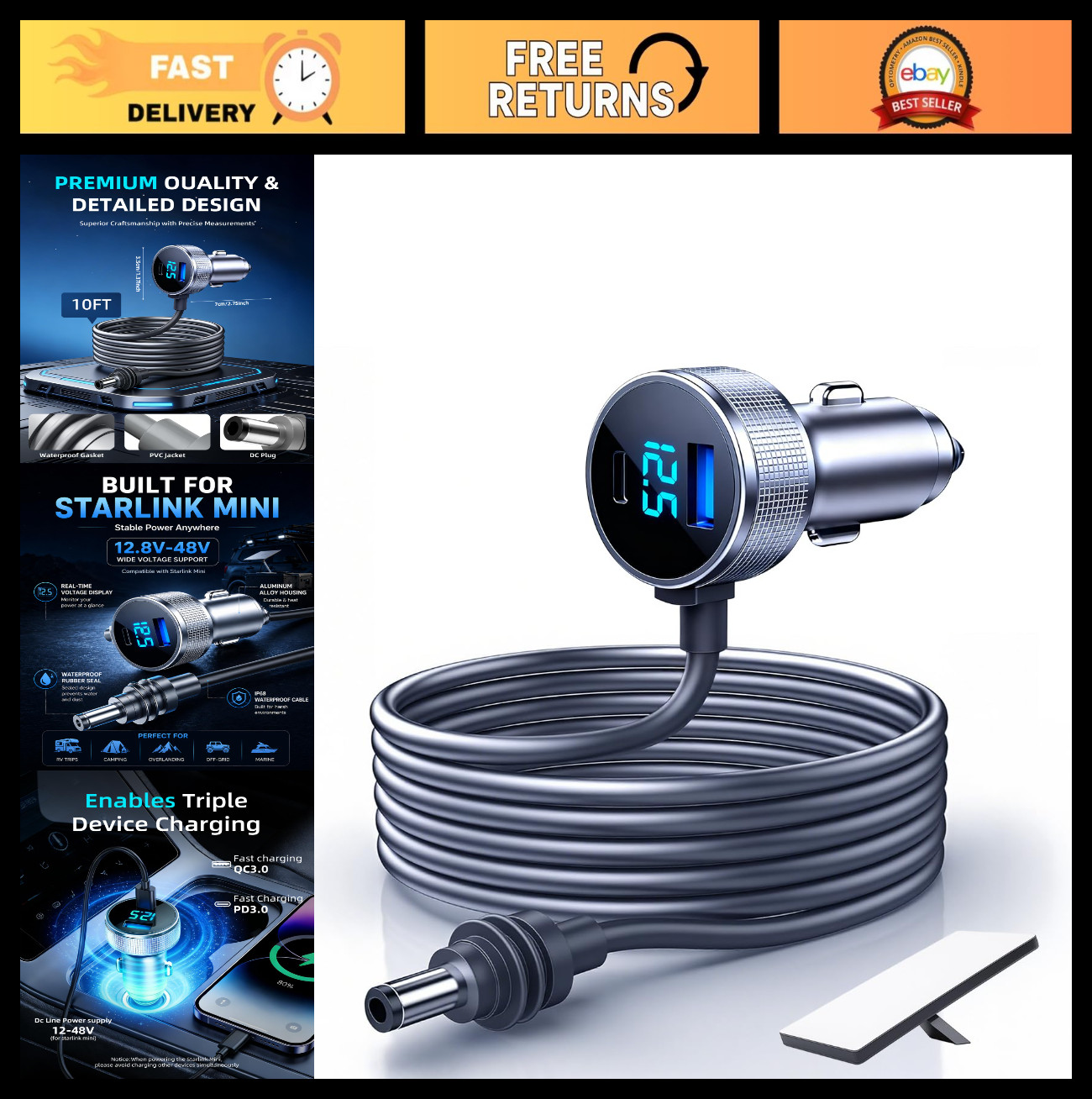 3-in-1 Mini Car Adapter, DC Power Cable & Cigarette Lighter, 12V-48V, USB-C & US