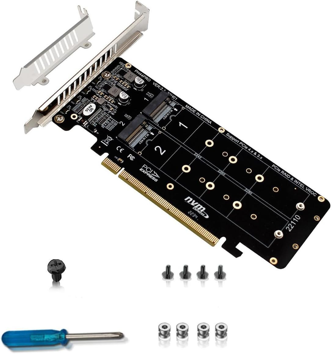 PH44PRO Dual-Sided 4* M.2 M-Key NVME to Pcie X16 Splitter Card 4 * 32Gbps 2U