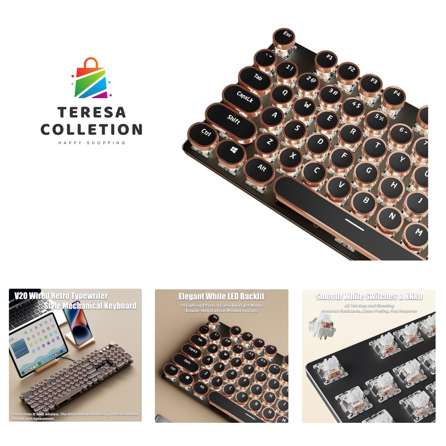 Retro Typewriter Style Mechanical Gaming Keyboard with White LED Backlighting