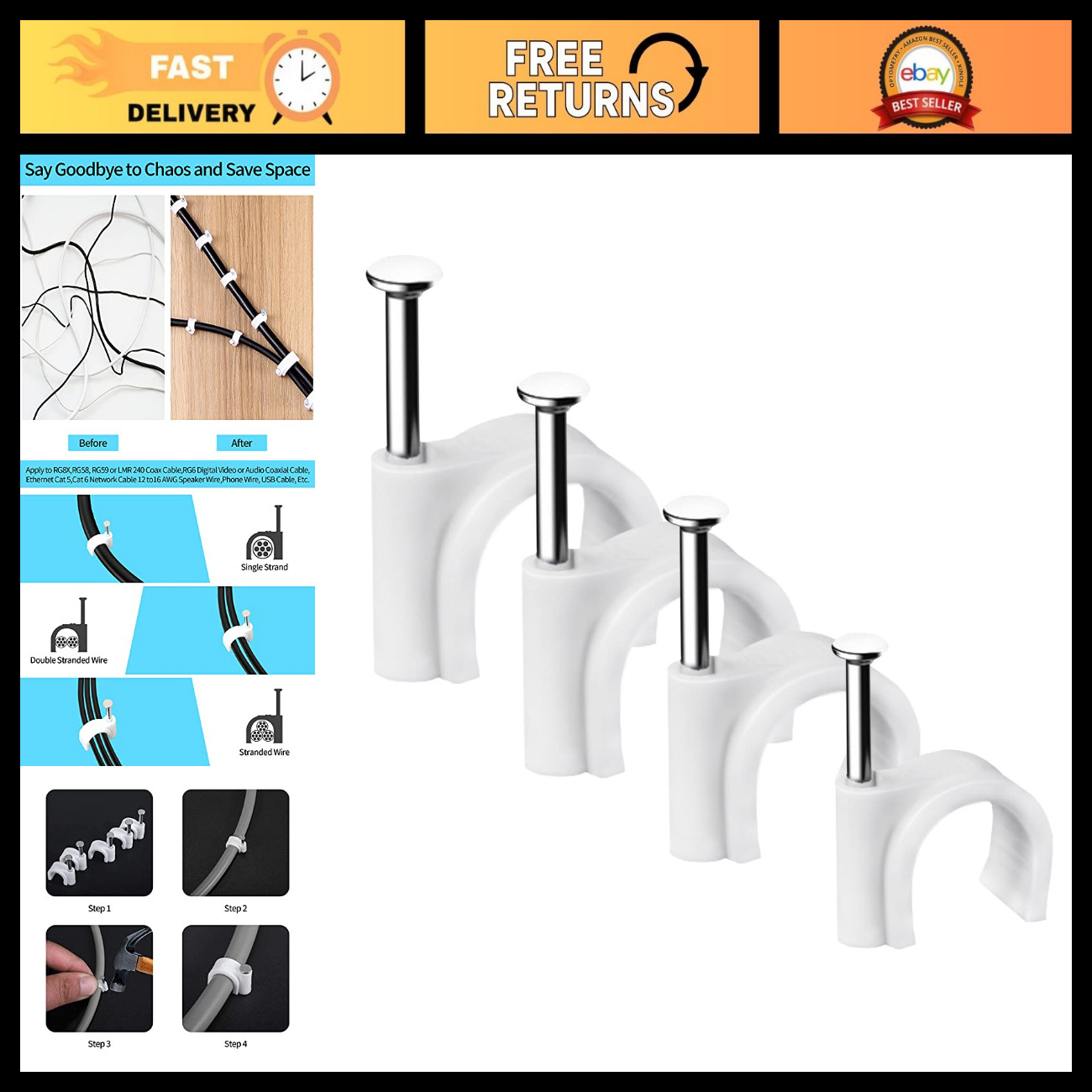 Cable Nail Clips - 400 Pcs, 4mm to 10mm Wire Wall Fasteners, White Cable Holders