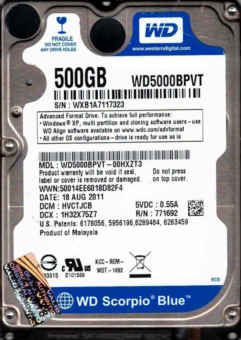 WD5000BPVT-00HXZT3,  HVCTJCB,  WESTERN DIGITAL SATA 500GB WXB1 AUG 2011