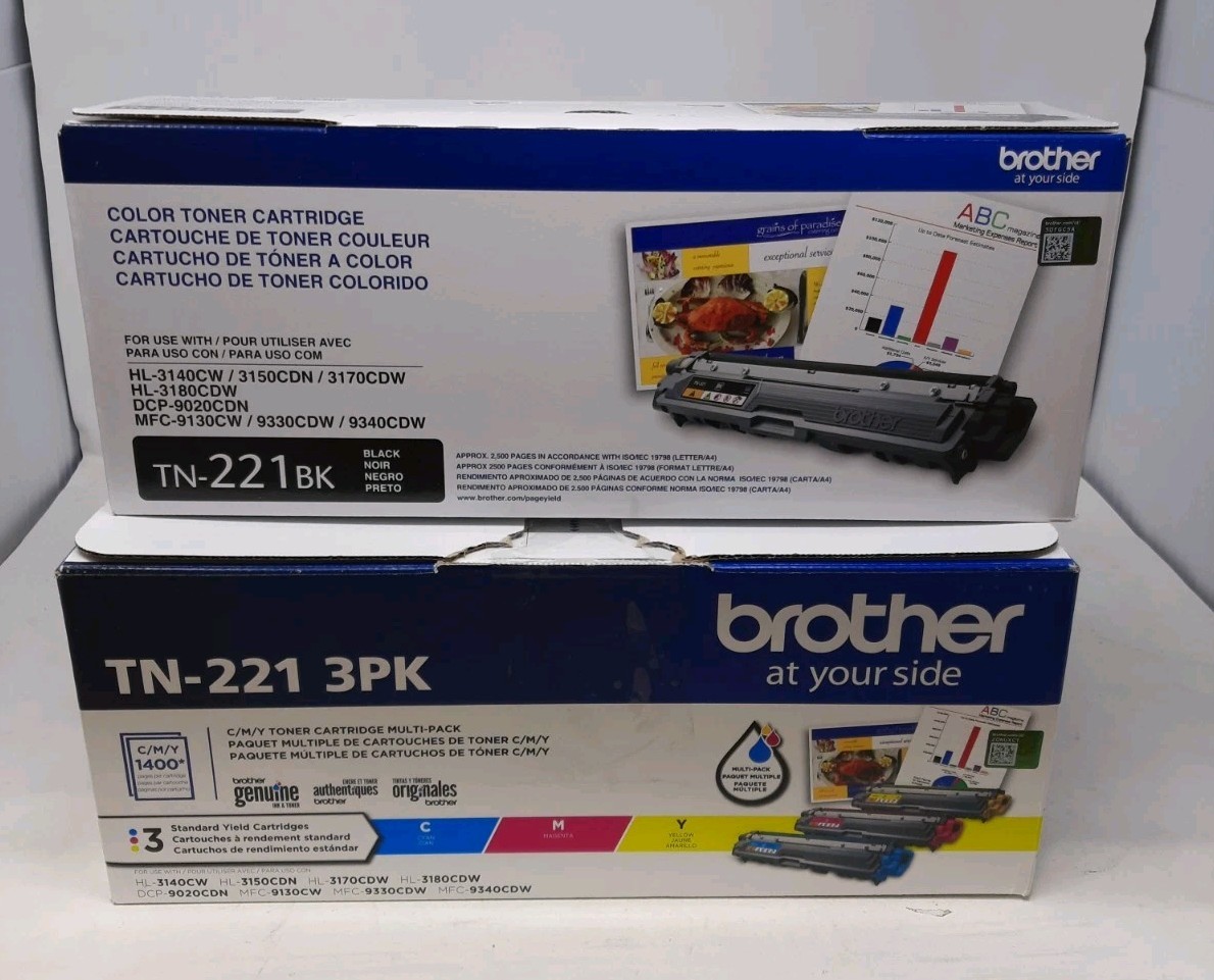Brother Genuine TN-221 Toner Set CMYK TN221BK TN221C TN221M TN221Y open box