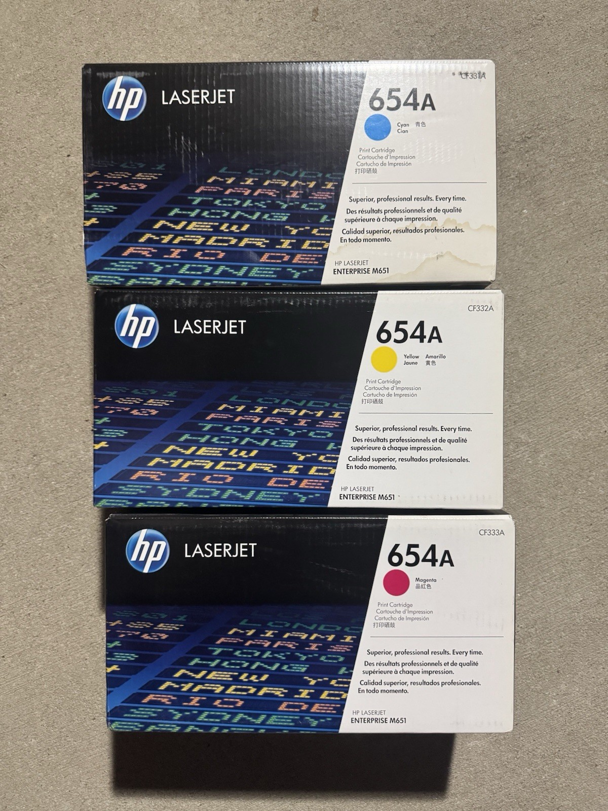 LOT OF 3  GENUINE HP CF331A/CF332A/CF333A ( 654A ) Toner Cartridges New Sealed