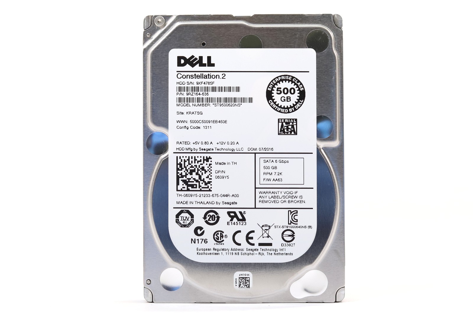 Dell ST9500620NS 500GB 2.5" 6Gb/s 64MB 7.2K RPM SATA HDD Dell P/N: 0609Y5 Tested