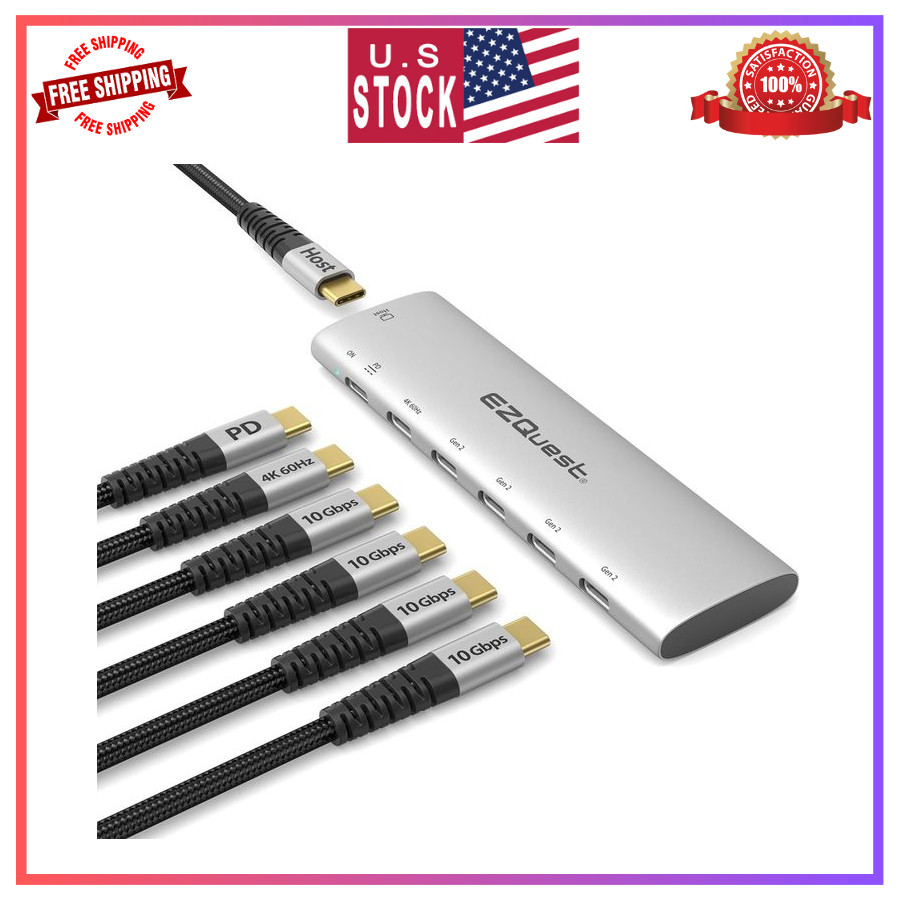 EZQuest USB-C Slim Gen 2 Hub Adapter 6-in-1 1 USB-C 4K/60Hz Video, 4 USB-C Gen 2