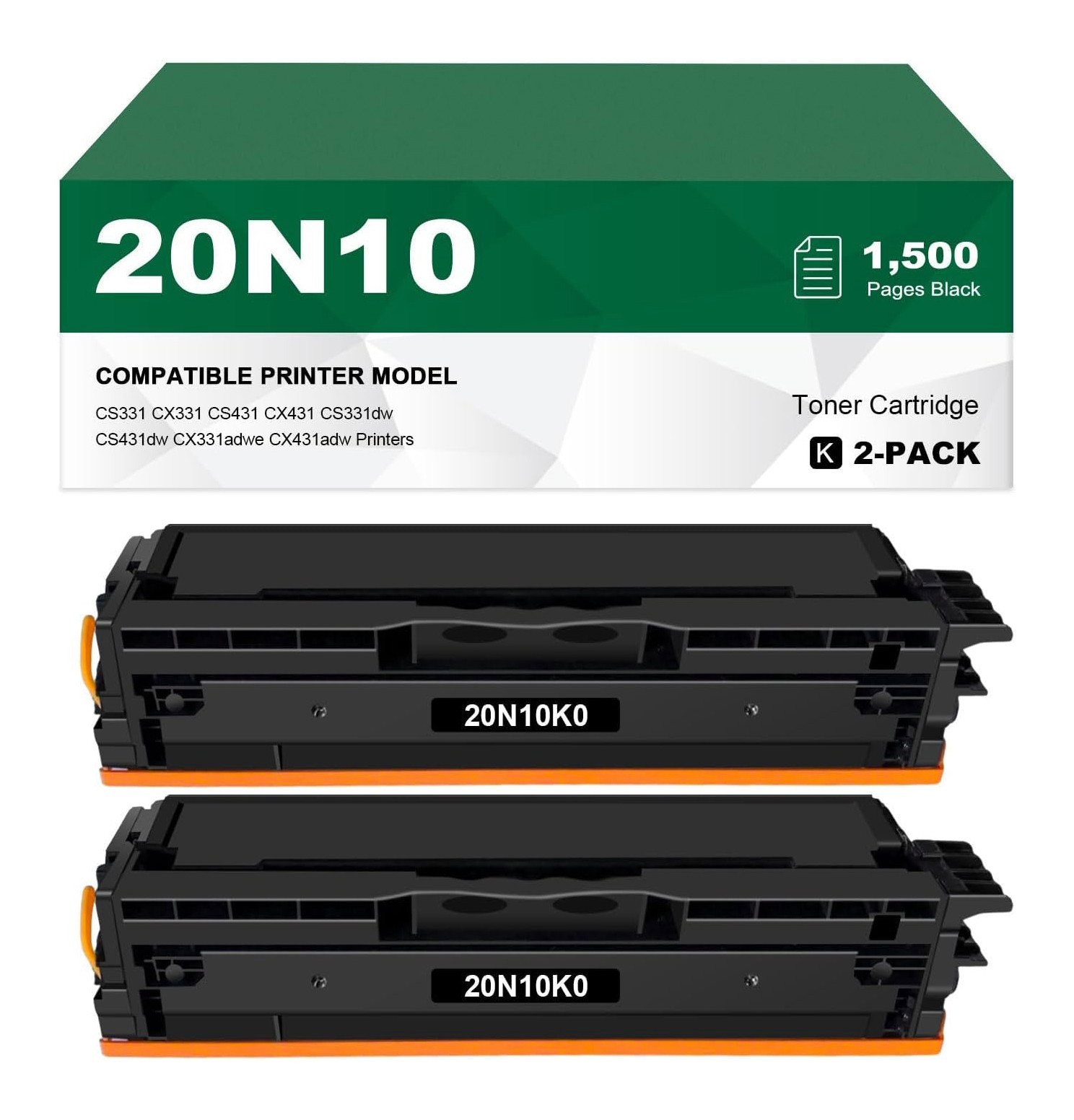 2 Pack 20N10K0 Black Toner Cartridge for Lexmark CS331 CX331 CS431 CX431 CS331dw