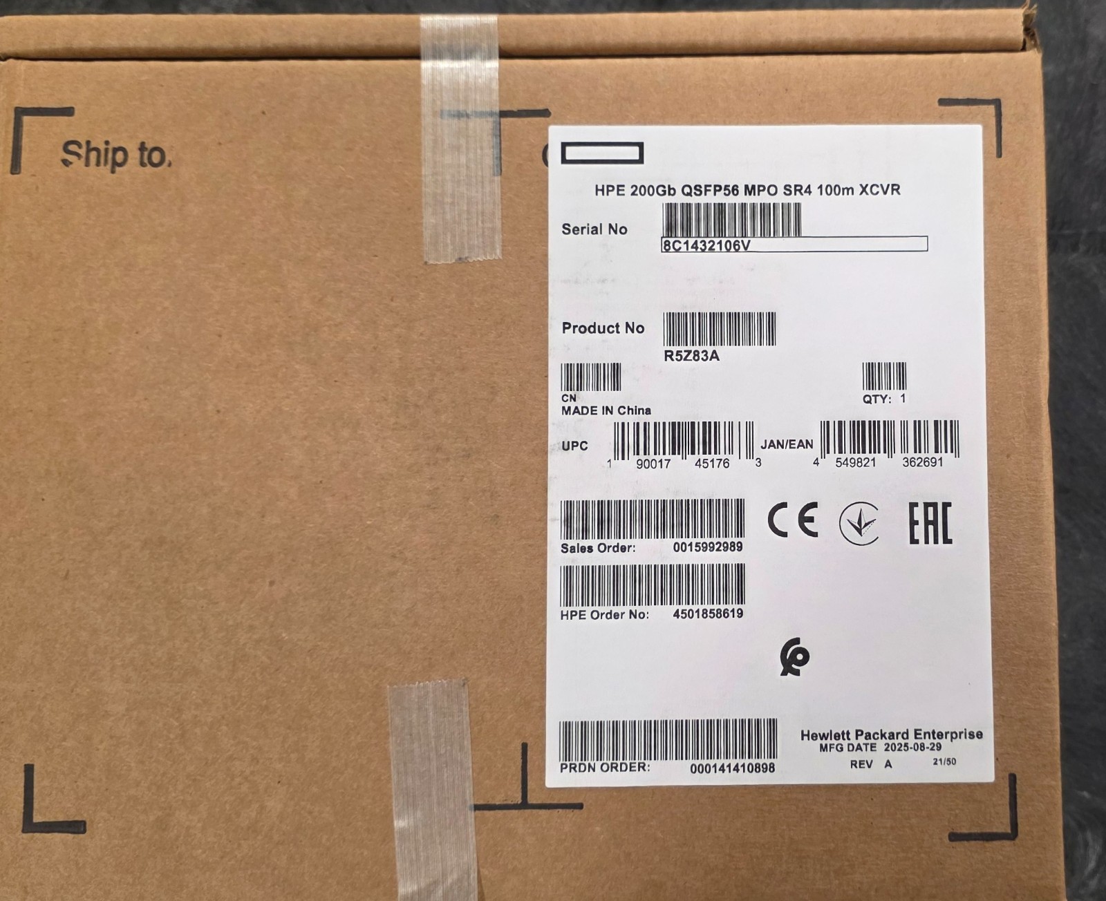 R5Z83A HPE 200GB QSFP56 HP MPO SR4 100M TRANSCEIVER *NEW IN BOX** GOOD DEAL
