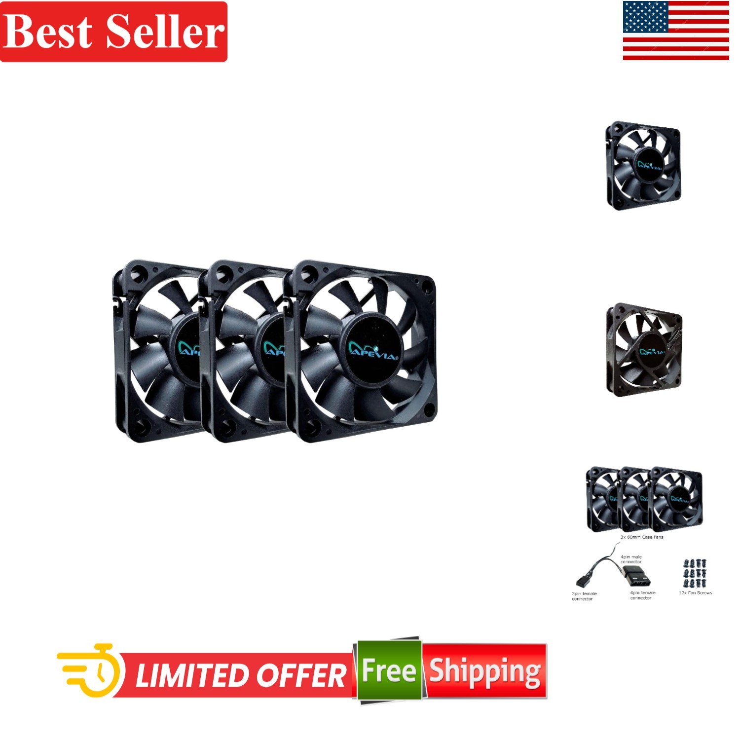 60mm x 60mm x 15mm Case Fan 3-Pack Silent Cooling Compatible With Desktop