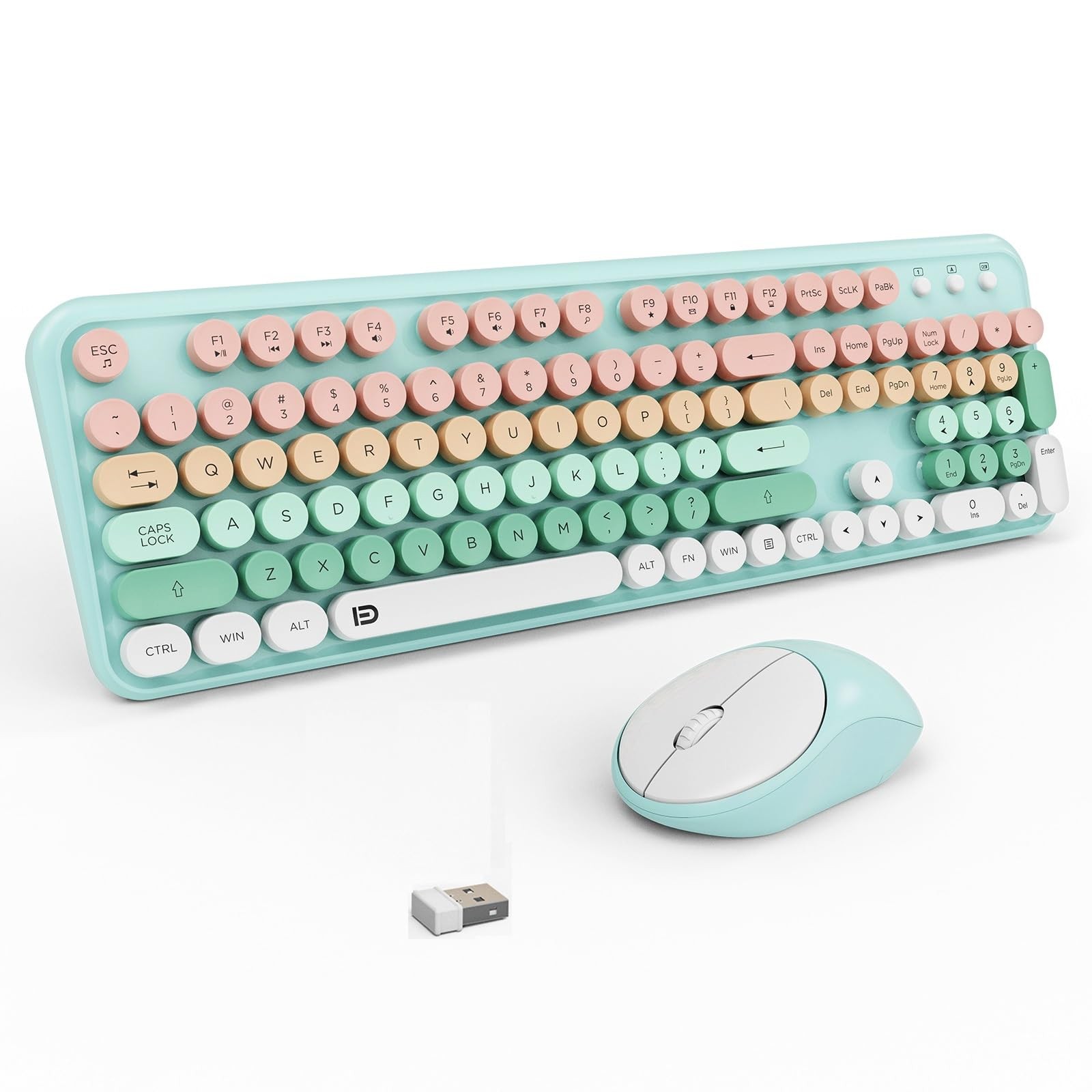 Pink Green Wireless Keyboard & Mouse Combo - Retro Typewriter Style, Full Size
