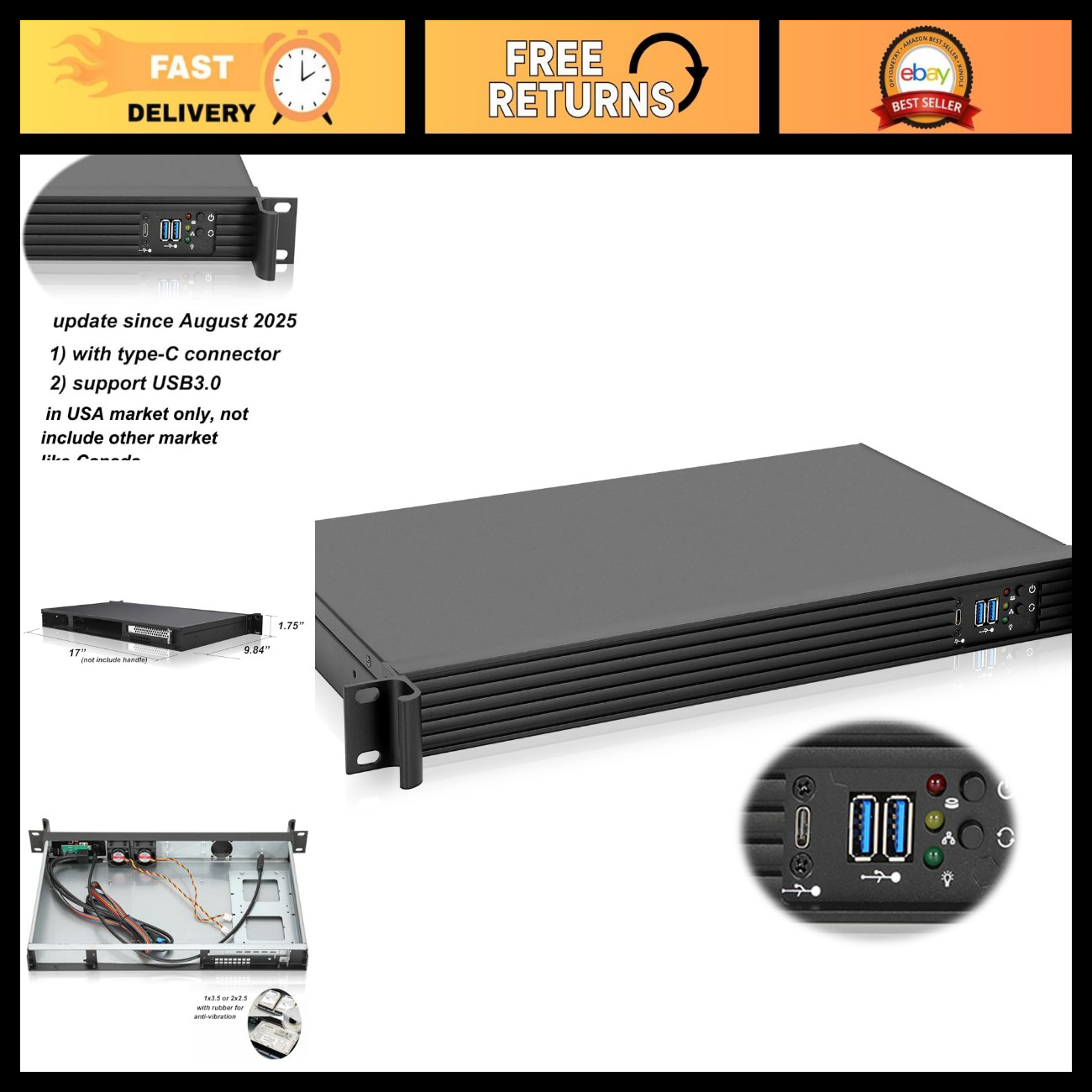 Compact Mini-ITX Chassis 1U Server/Desktop Case - 9.84" Depth, USB 3.0, Type-C,