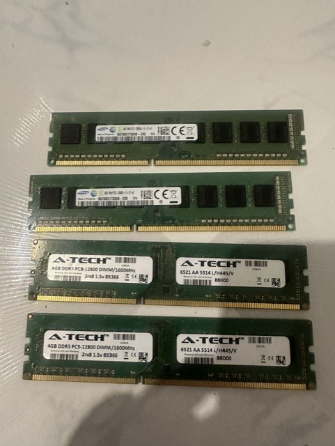 The A-Tech and Samsung 16GB x 4 sticks of 4GB PC3-12800 Desktop DDR3 1600 MHz