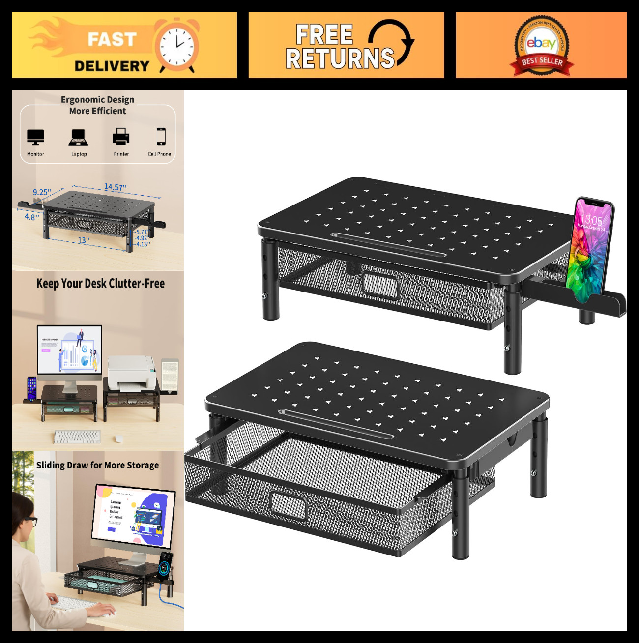 2 Pack Adjustable Monitor Stand Riser with Metal Drawer & Phone Holder - Storage