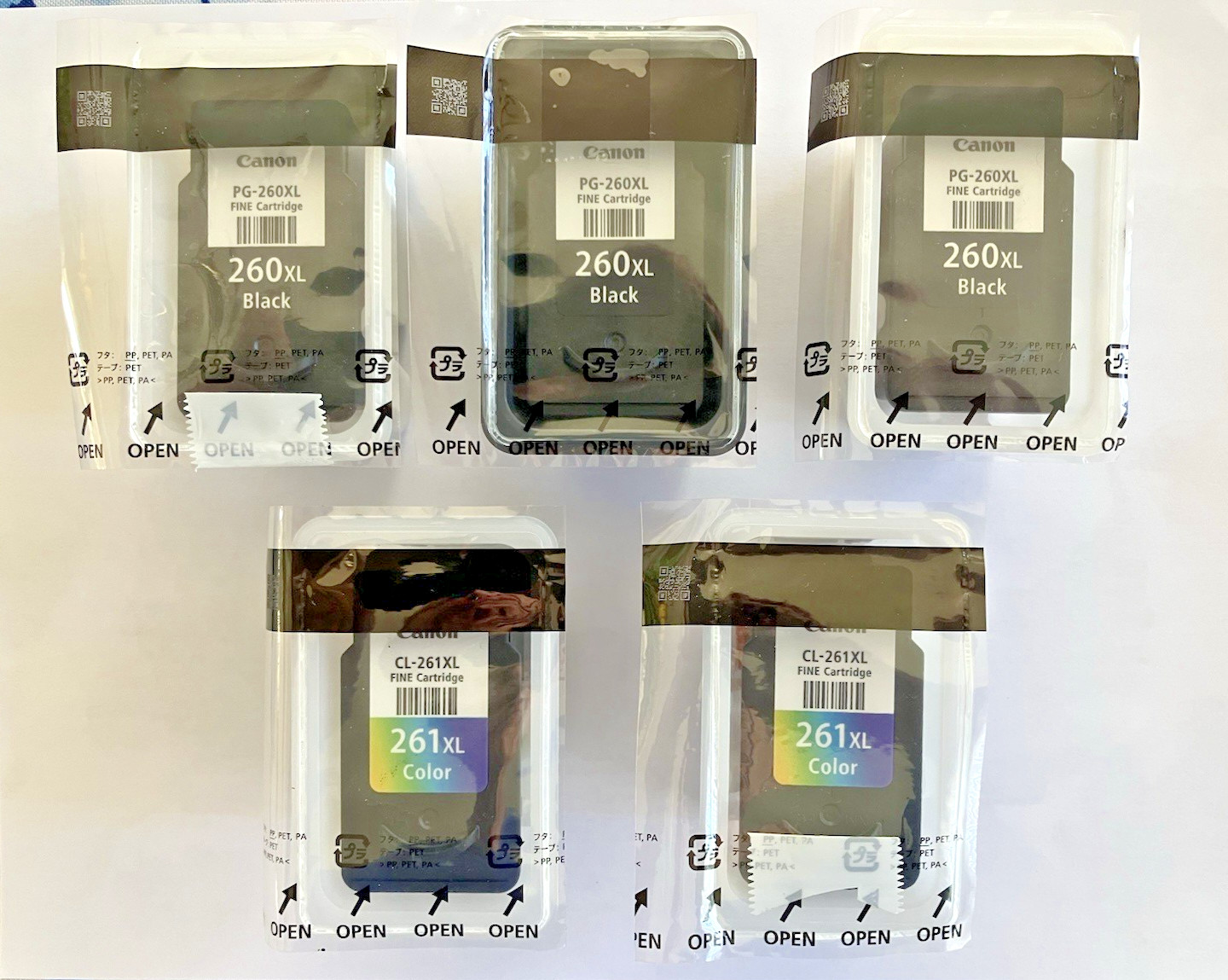 5 VIRGIN EMPTY GENUINE CANON INK CARTRIDGES-3-260XL BLACK & 2-261XL COLOR