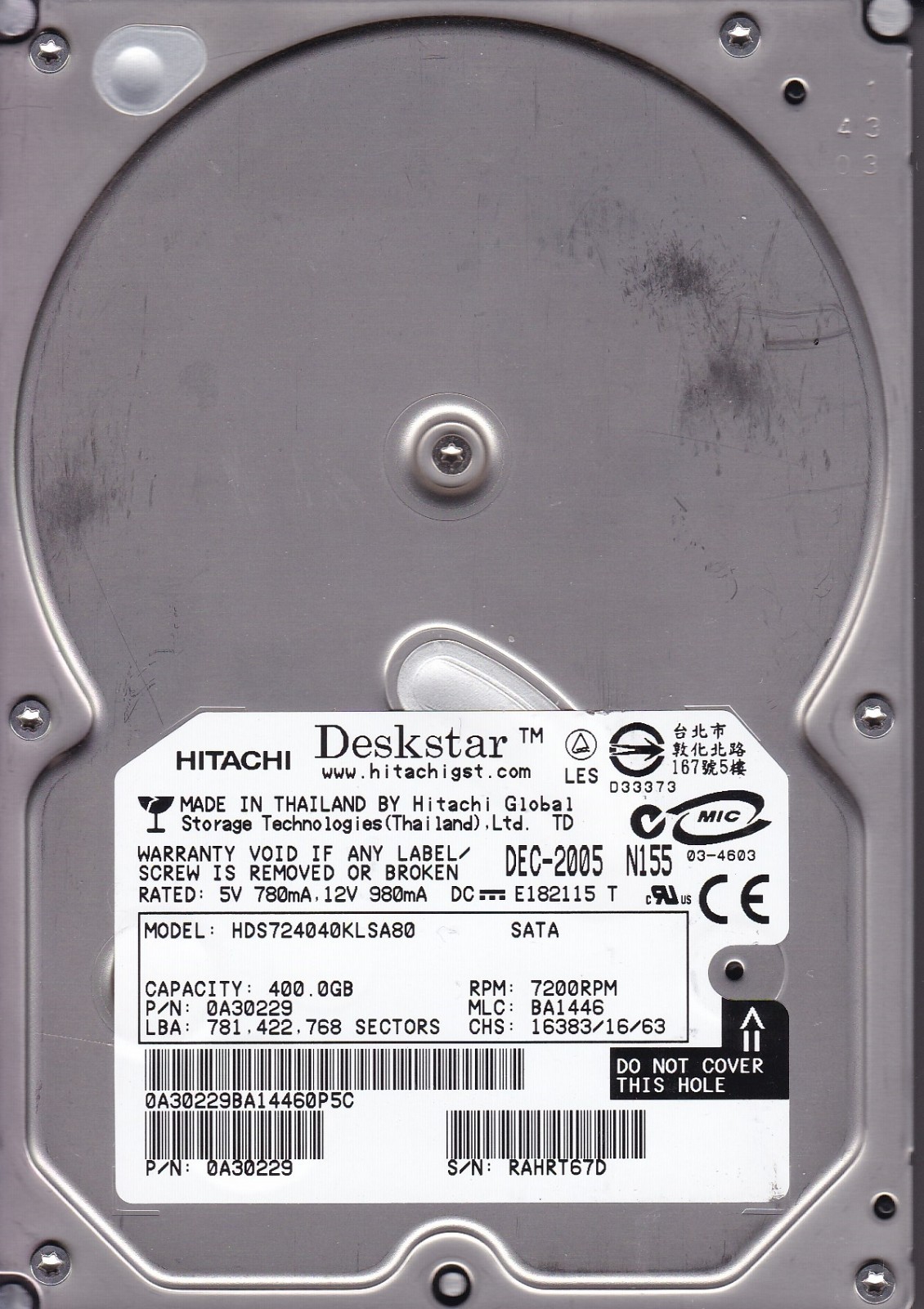 Hitachi HDS724040KLSA80  400Gb SATA  mlc:BA1446   p/n:0A30229   B3-7