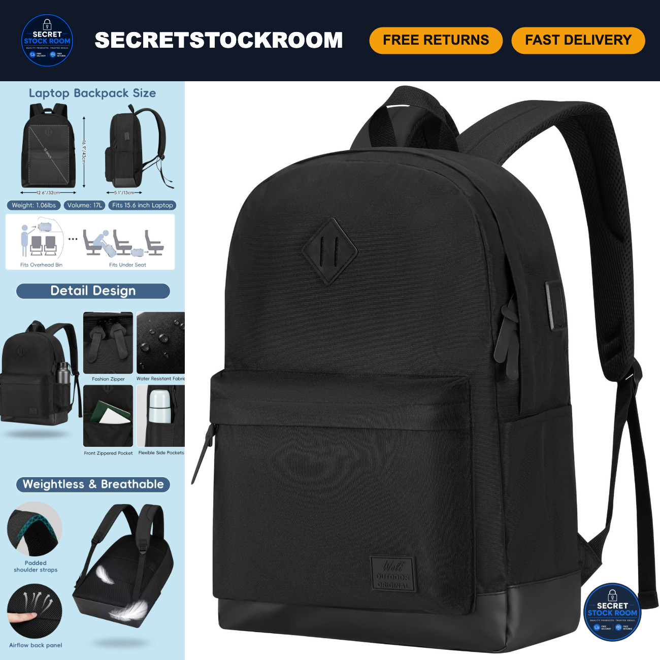 Travel Laptop Backpack with USB Charging Port, Waterproof, Fits 15.6" Laptops