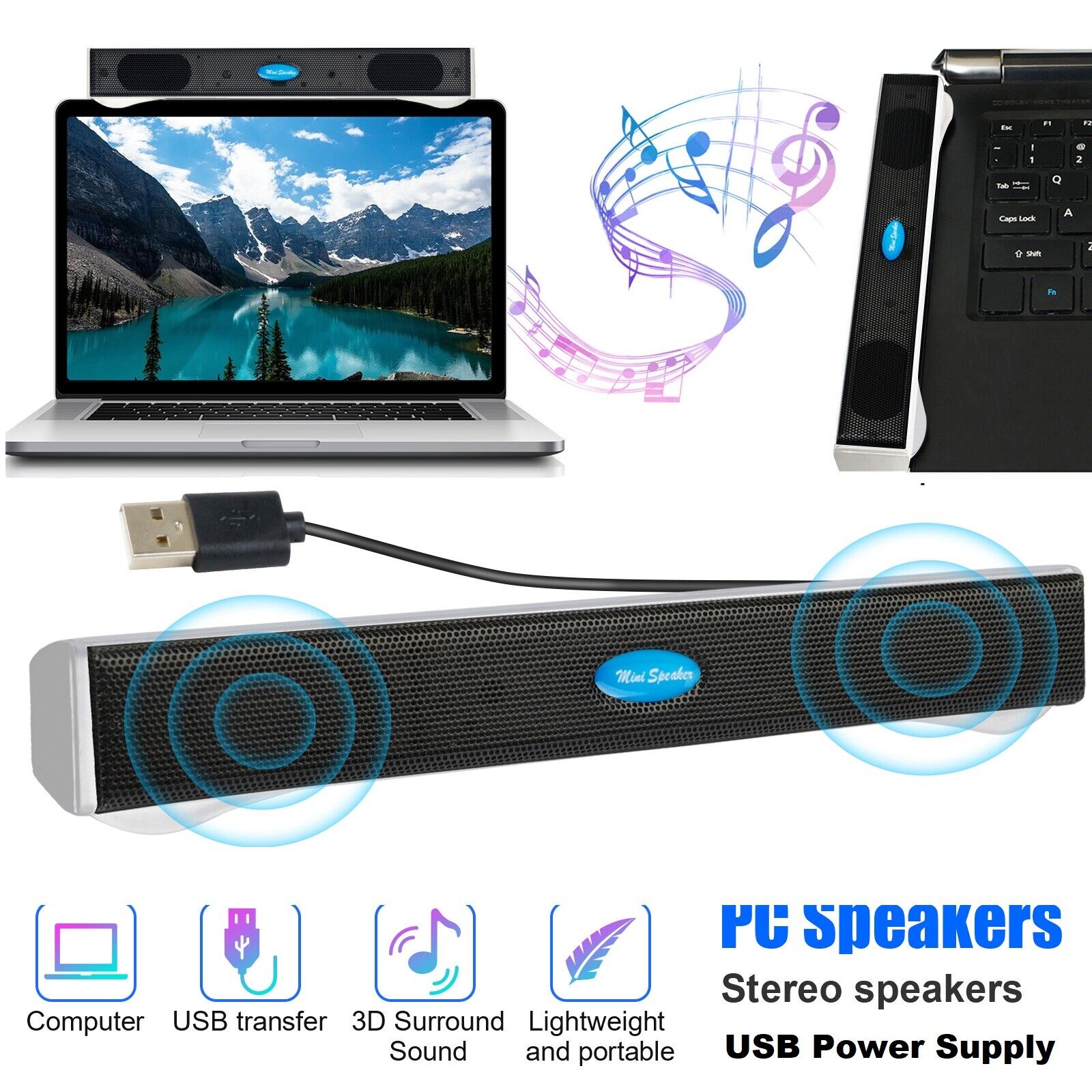 Wired Computer Speakers Soundbar Stereo Bass Sound 3.5mm USB for Desktop Laptop