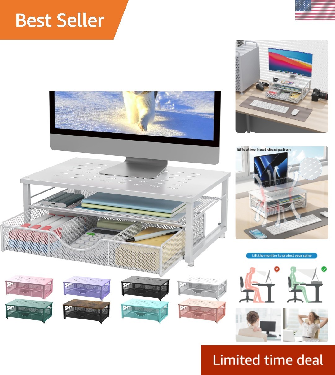 Heavy-Duty White Monitor Stand Riser with Sliding Drawer - Improve Productivity