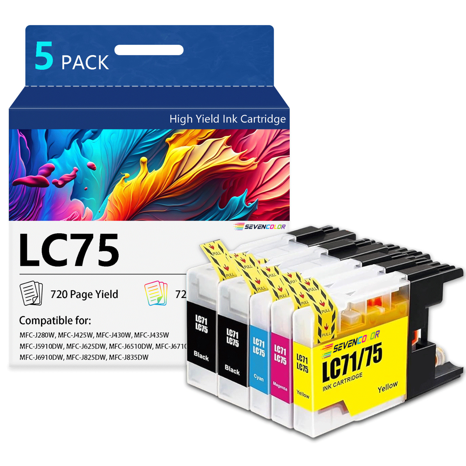 LC75 Ink Cartridges (2BK/C/M/Y 5-Pack) Work for MFC-J6510DW MFC-J6710DW Printer
