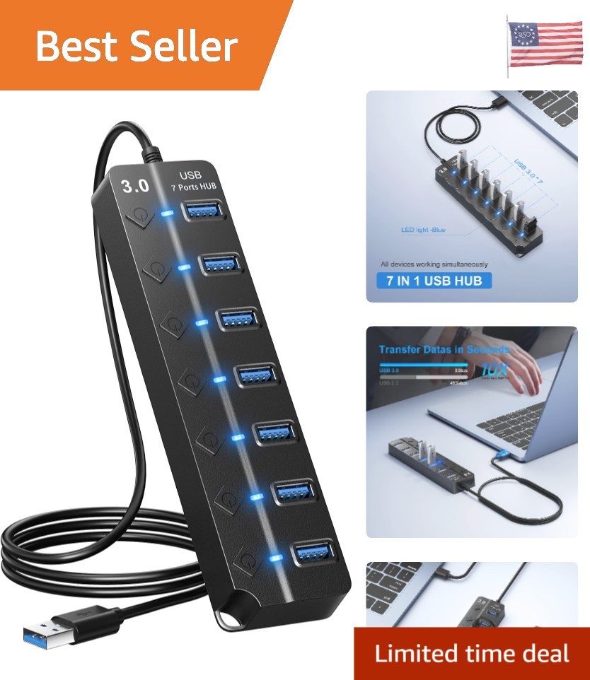 Elegant USB Hub 7-Port Splitter with On/Off Switching & Blazing Fast Data