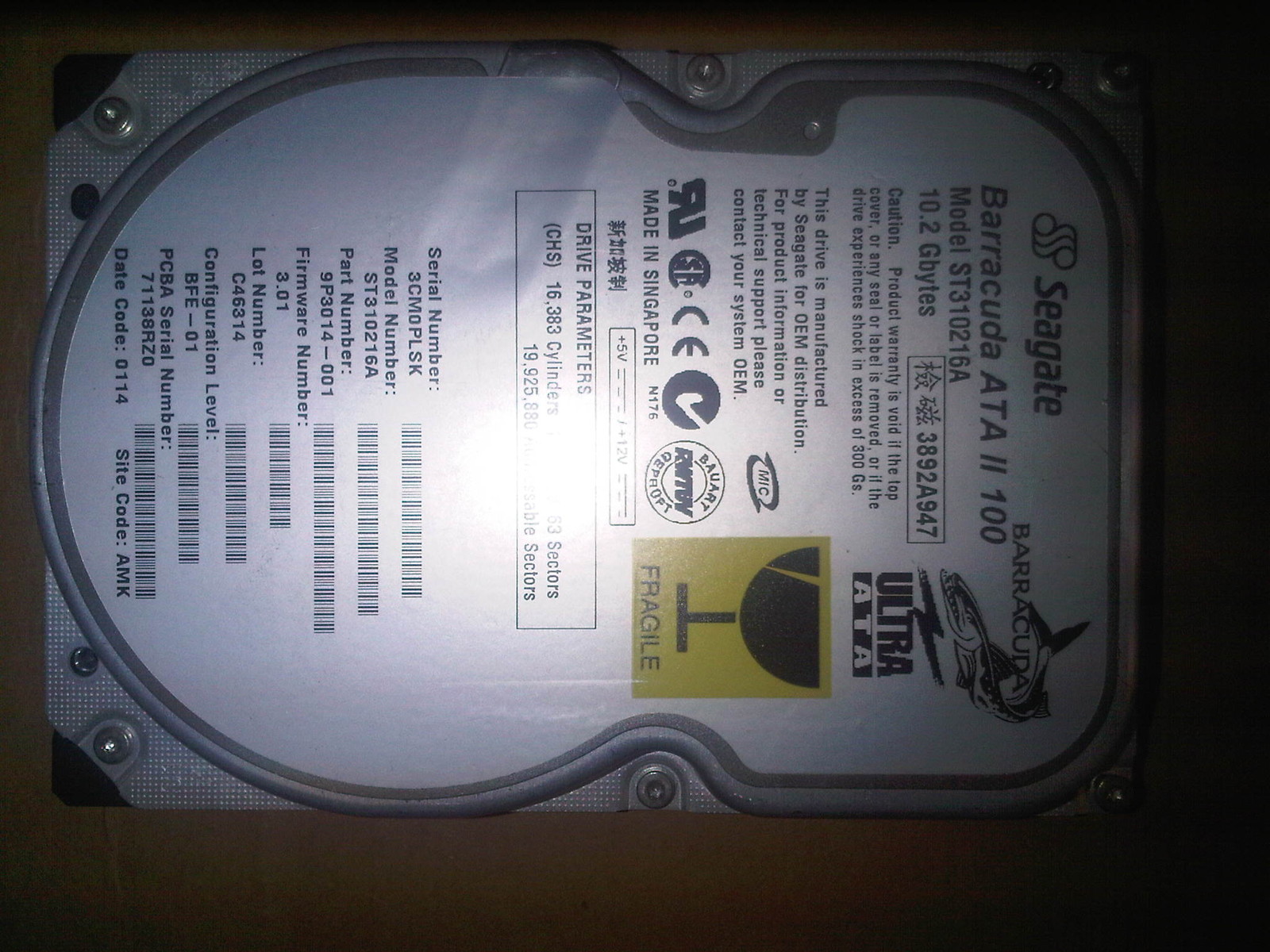 Seagate ST310216A 9P3014-001 FW: 3.01 C46314 BFE-01 71138RZ0 0114 AMK Hard Drive
