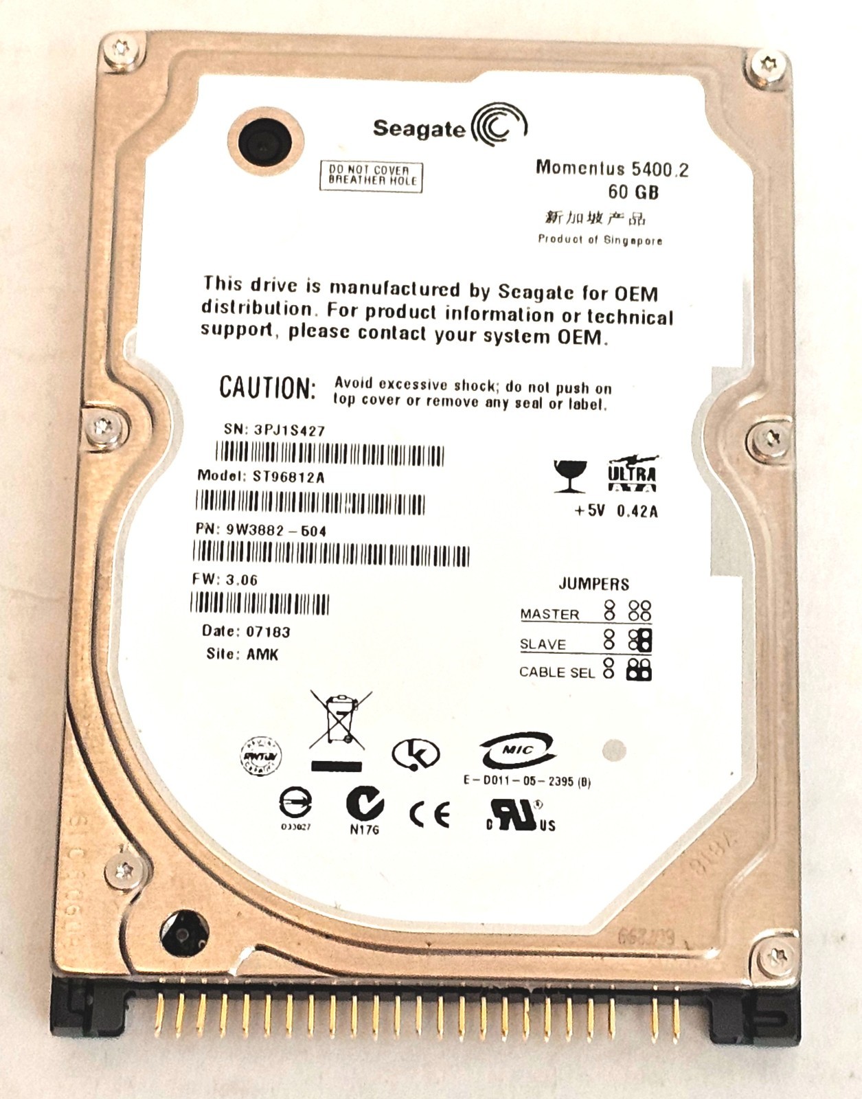 Seagate ST96812A 60GB 2.5" IDE Hard Drive P/N: 9W3882-504 F/W: 3.06  AMK