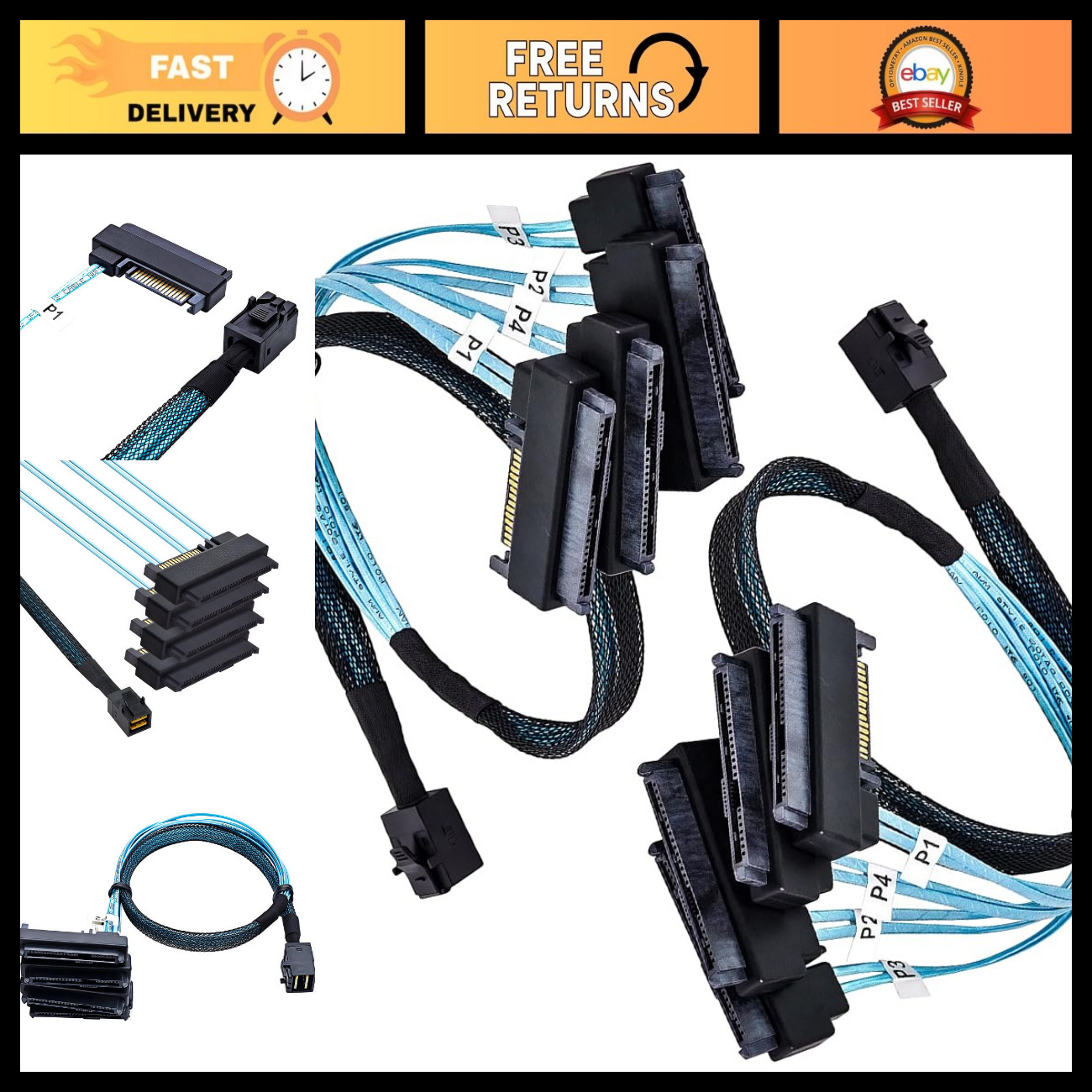 2-Pack SFF-8643 to 4x SFF-8482 SAS Breakout Cable 0.5m, 12Gbps High-Speed Data